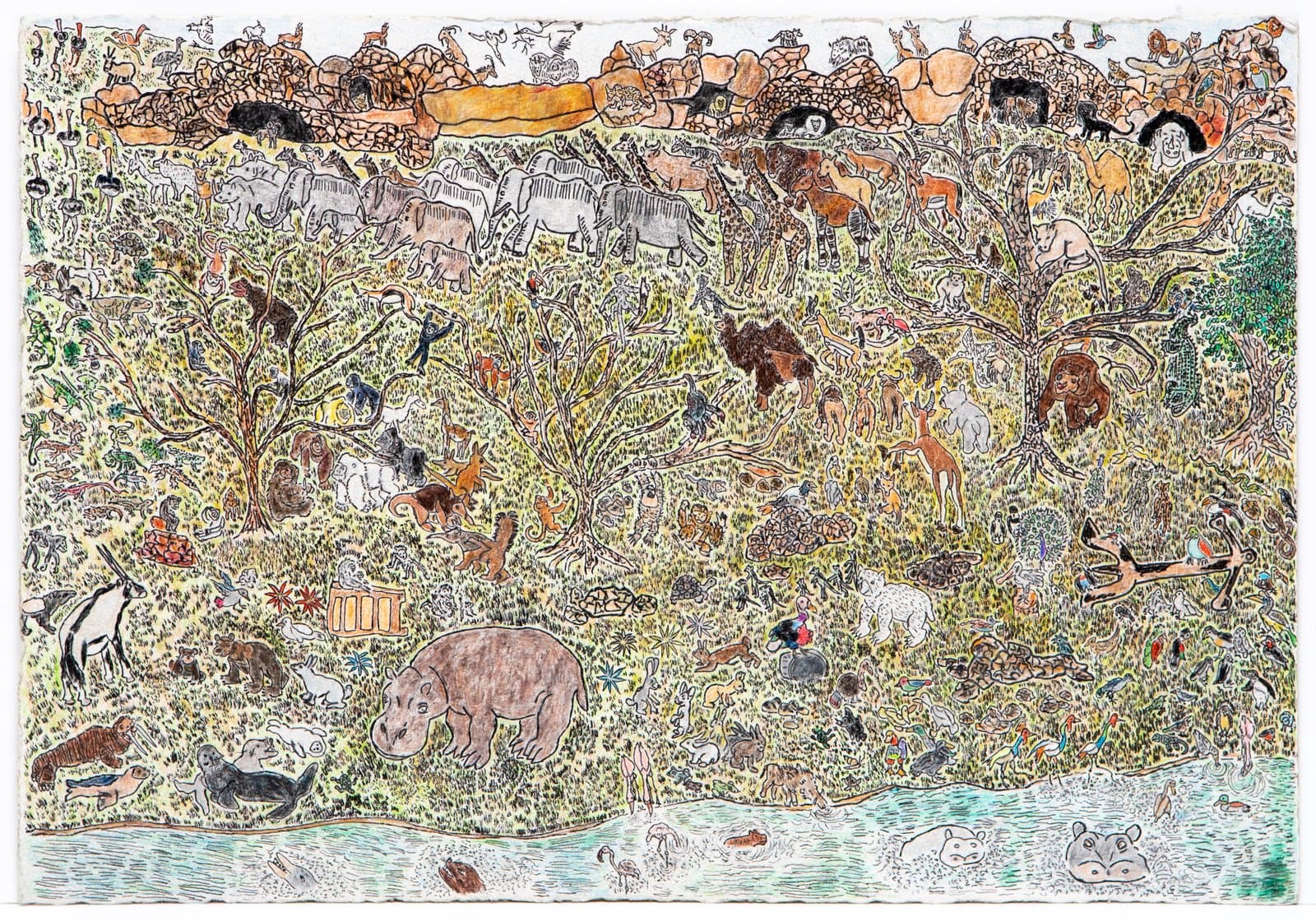 Dense colored pencil and ink drawing covering paper edge-to-edge with hundreds of animals in a lush landscape.