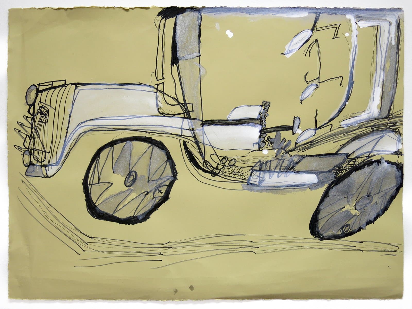 Ink drawing of a vintage automobile with black linework and blue-gray washes on olive-yellow paper.
