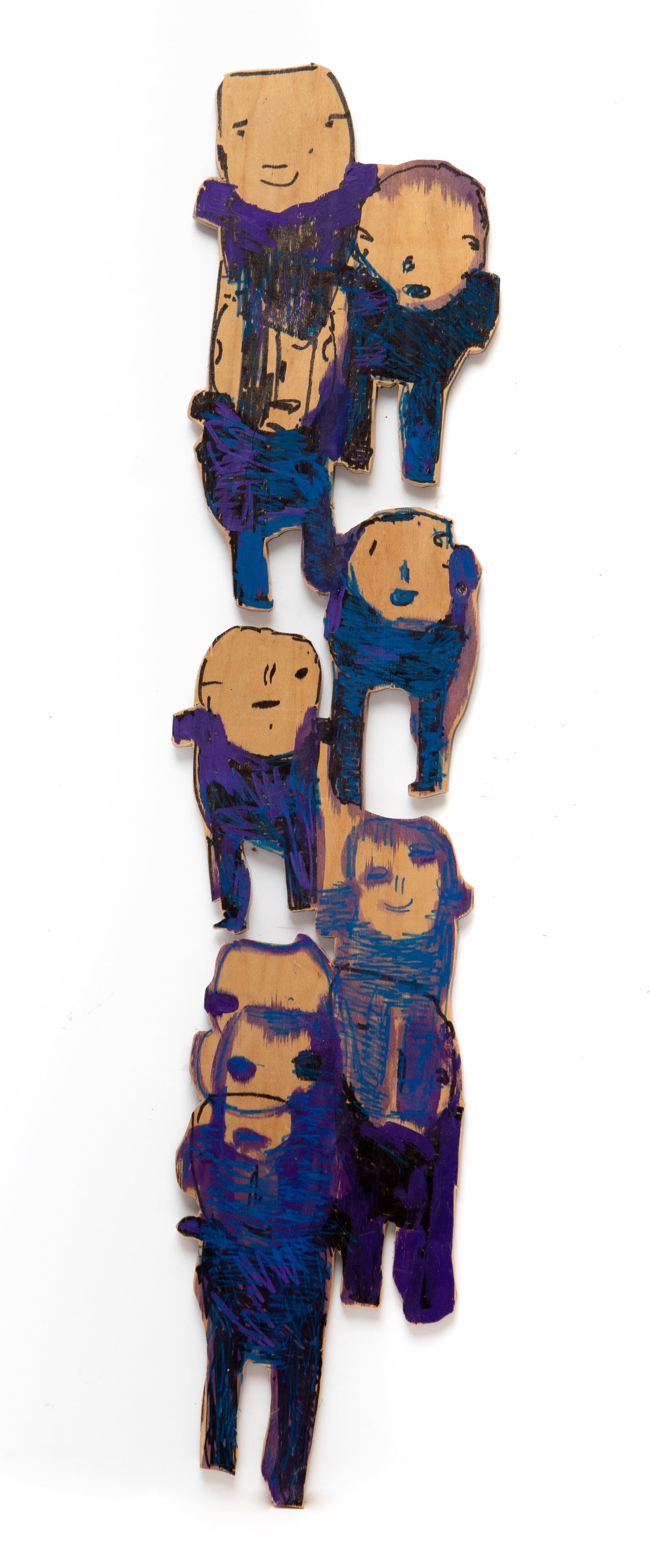Painted wood cutout of seven stacked simplified human figures in blue, purple, and natural wood tones.