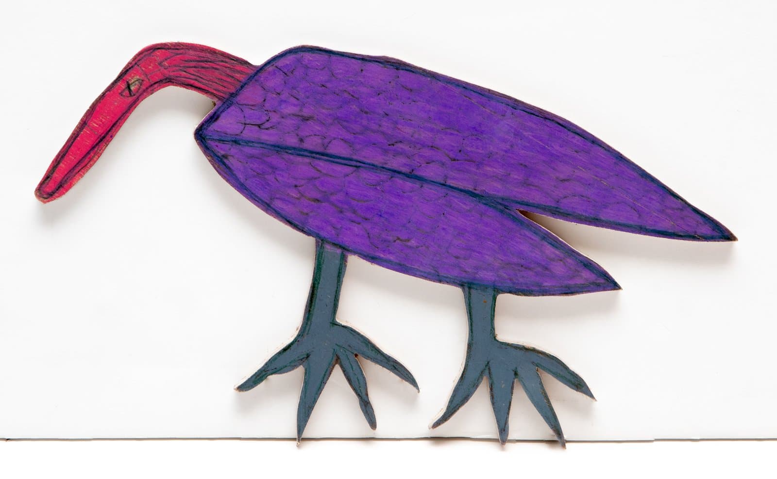 Cutout wood sculpture of a bird with a purple body, red elongated beak, and teal legs, colored with Prismastix marker.