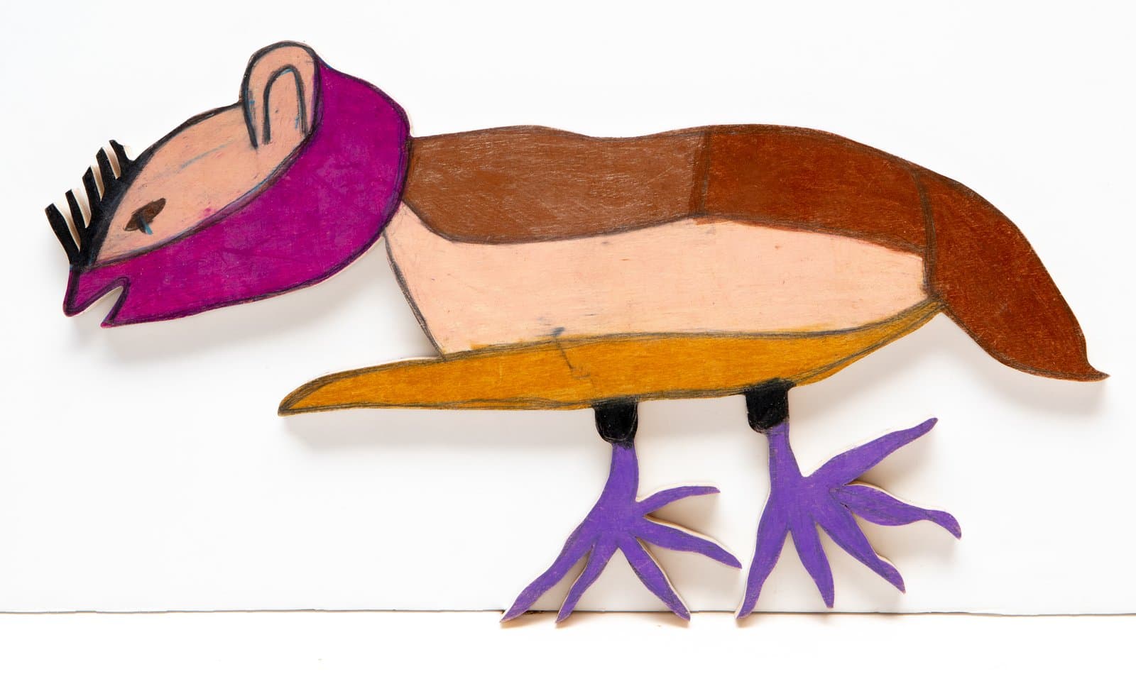 Cut-out wood sculpture of a fantastical animal with magenta head, brown body, and purple webbed feet, colored with Prismacolor stix.
