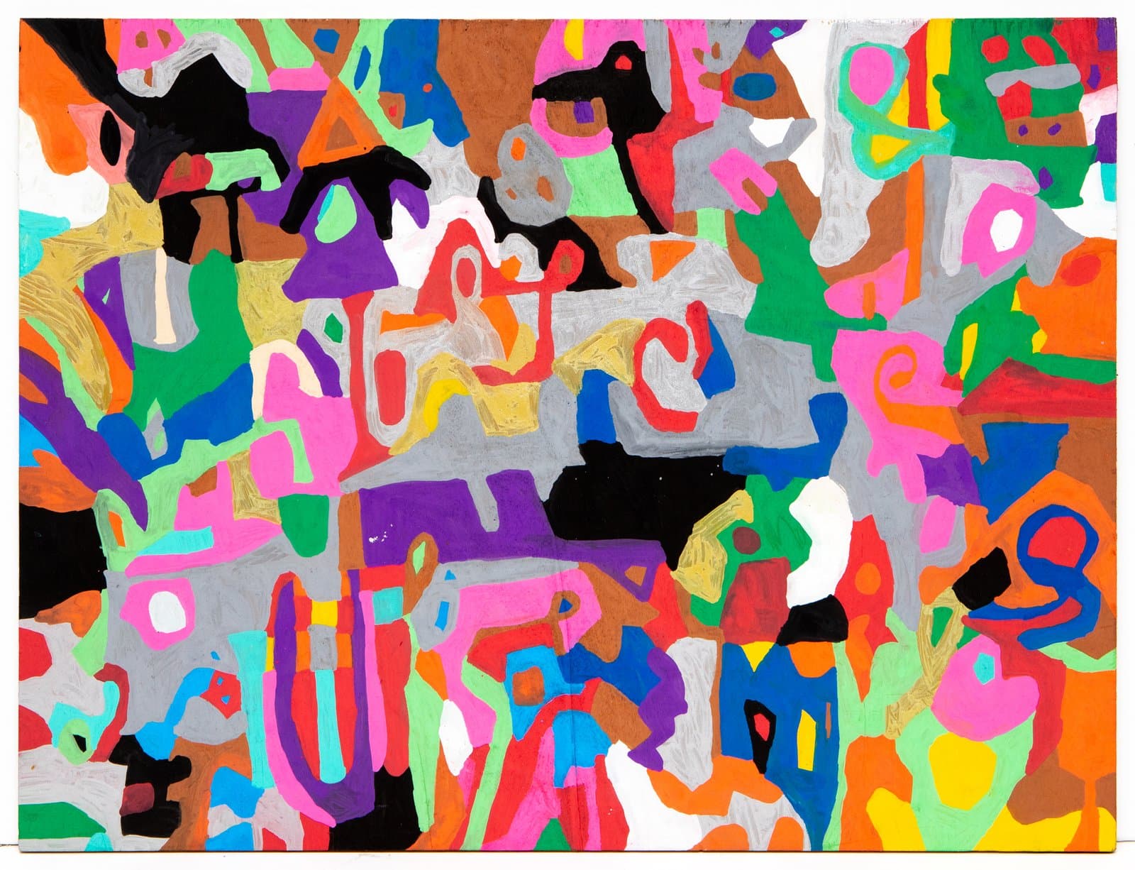 Abstract acrylic painting on wood densely packed with interlocking organic and geometric shapes in vivid, contrasting colors.