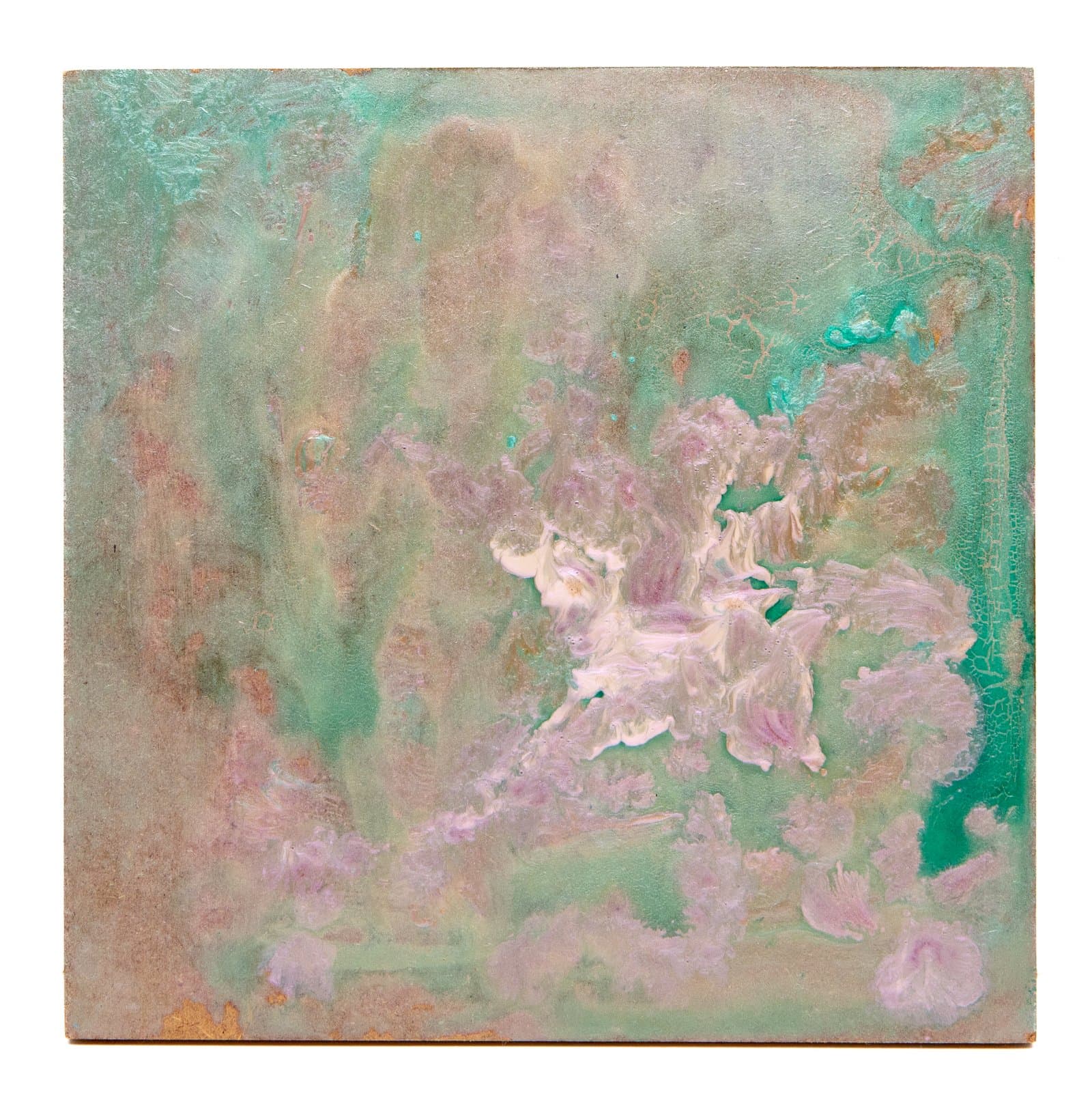 Abstract acrylic painting on wood panel with soft pink floral forms against a muted turquoise and beige background.