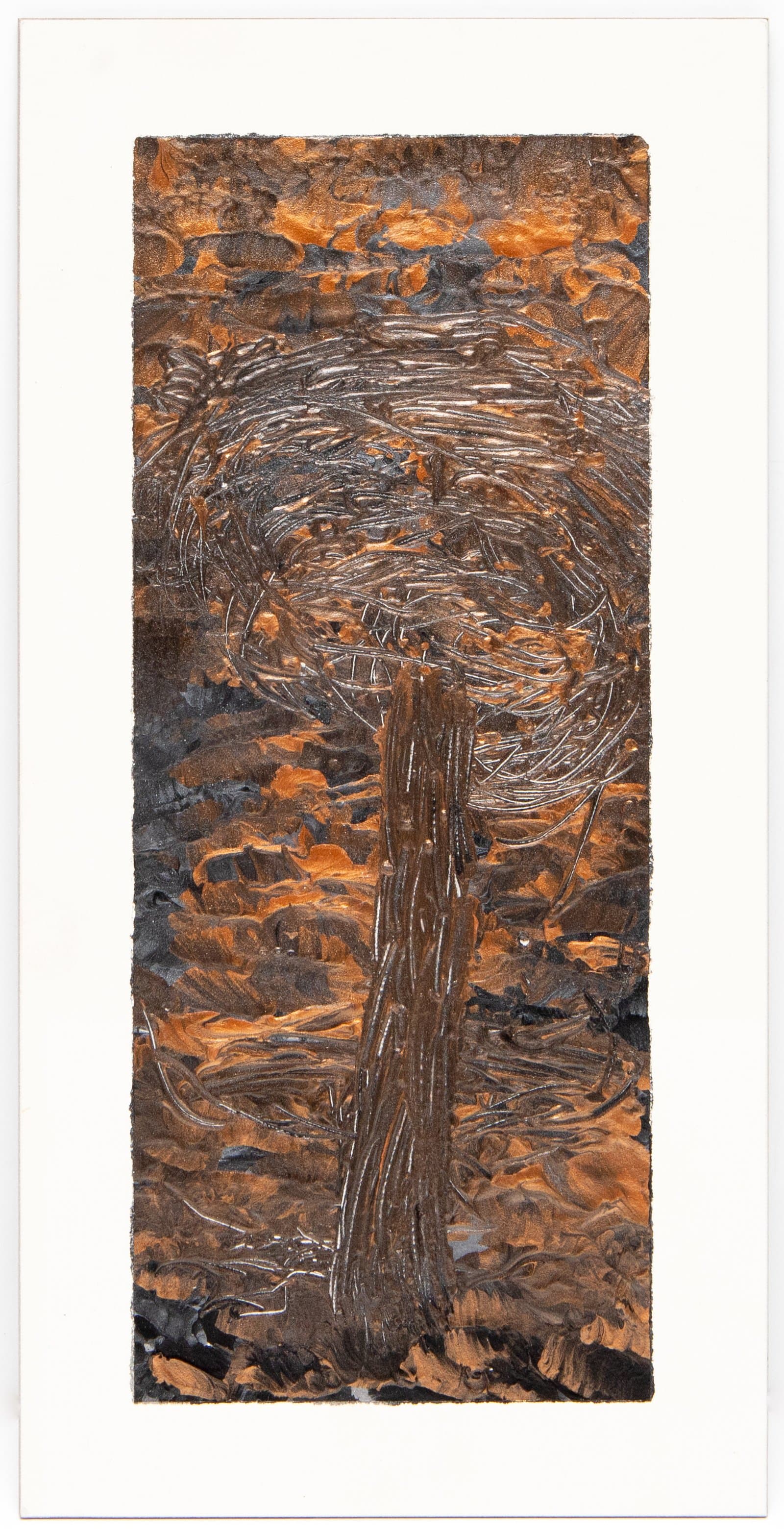 Vertical acrylic painting on paper depicting a single tree with swirling canopy against a textured orange and dark brown background.
