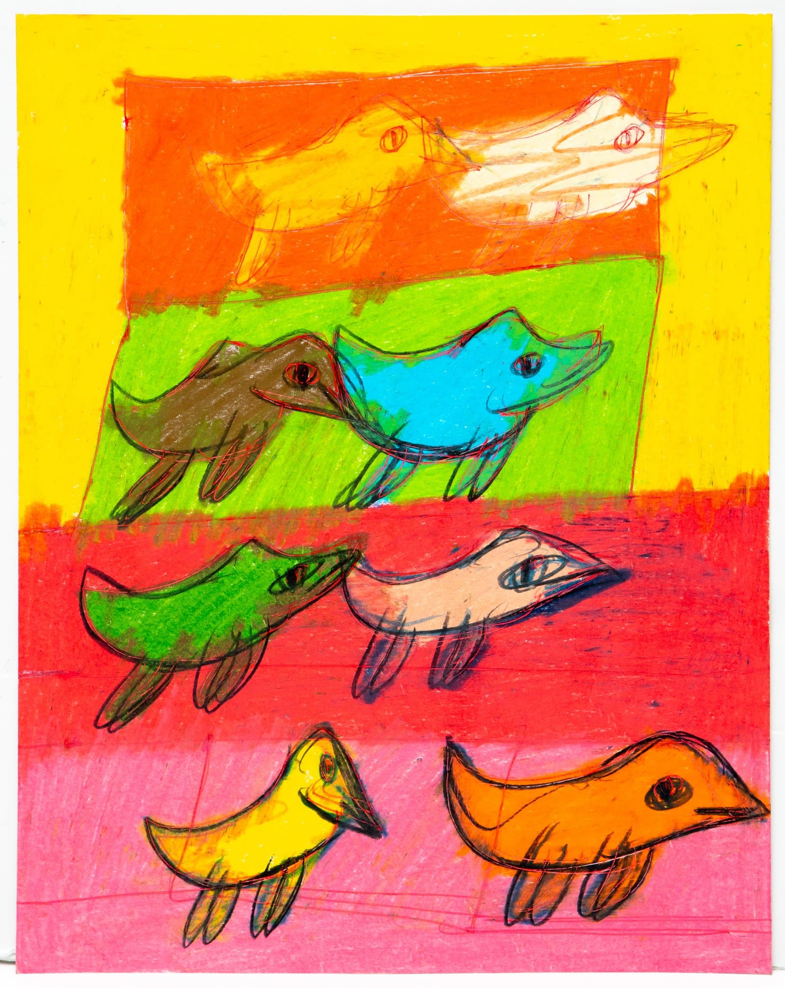 Drawing of seven stylized birds in oil pastel and marker on paper with bold horizontal bands of yellow, orange, green, red, and pink.