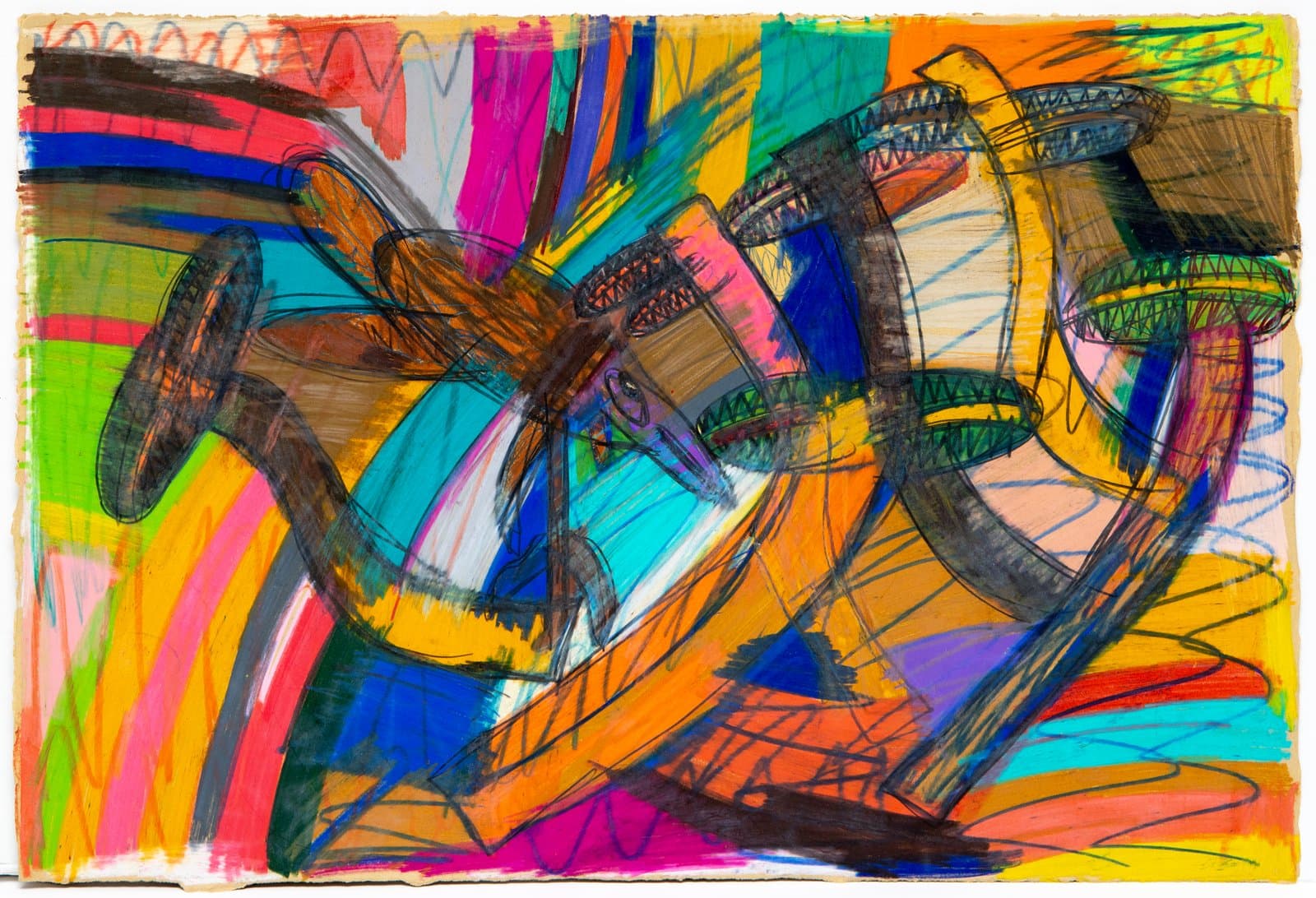 Abstract drawing in Prismastix on paper with bold curved forms in brown and black over vibrant multicolored stripes.