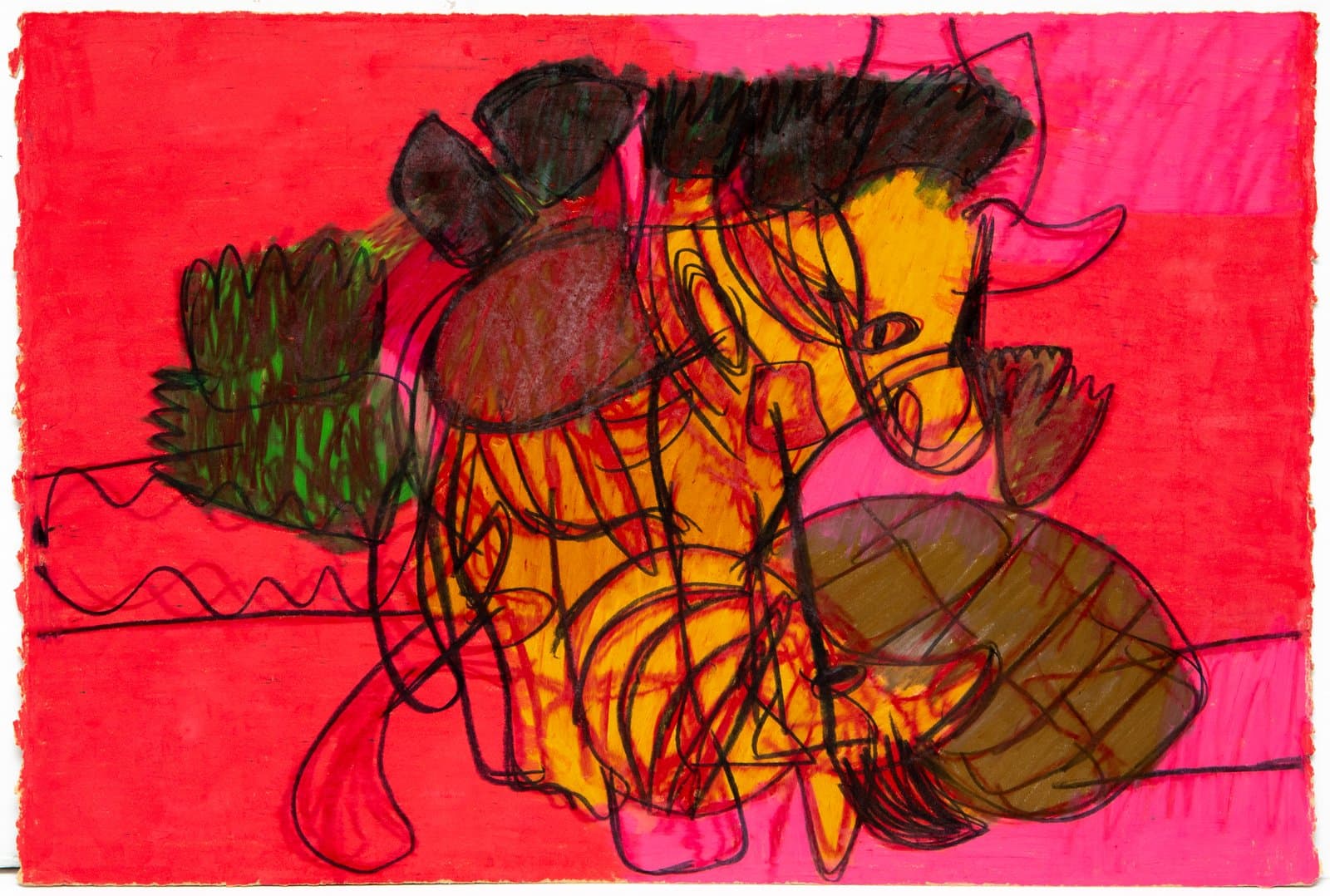 Mixed-media drawing of a bull or cow figure in orange and yellow on a vivid red background, with black linear marks.