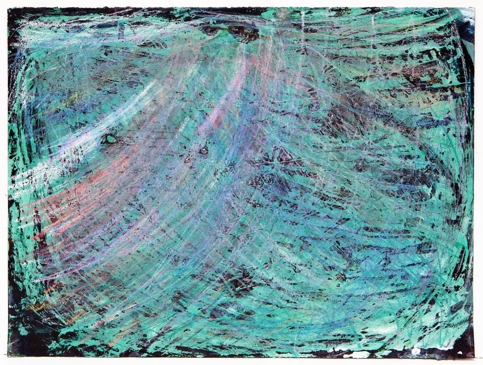 Abstract acrylic painting on paper with dense, sweeping marks in teal, black, blue, and pink radiating from the upper center.