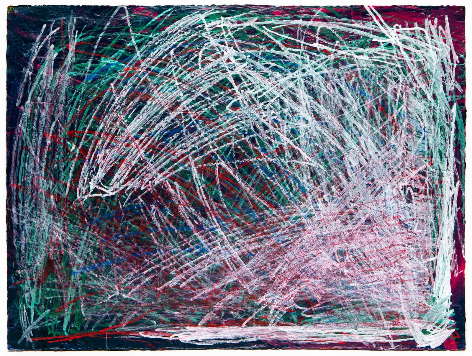 Abstract acrylic painting with dense, crossing white, teal, and red gestural lines over a dark navy and burgundy background.