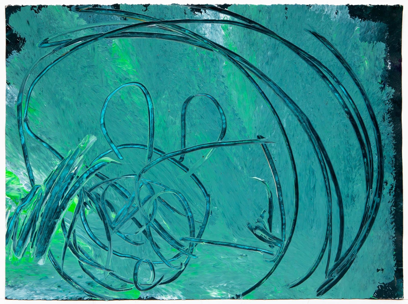 Abstract acrylic painting on paper featuring sweeping dark teal line forms over a textured turquoise and green background.