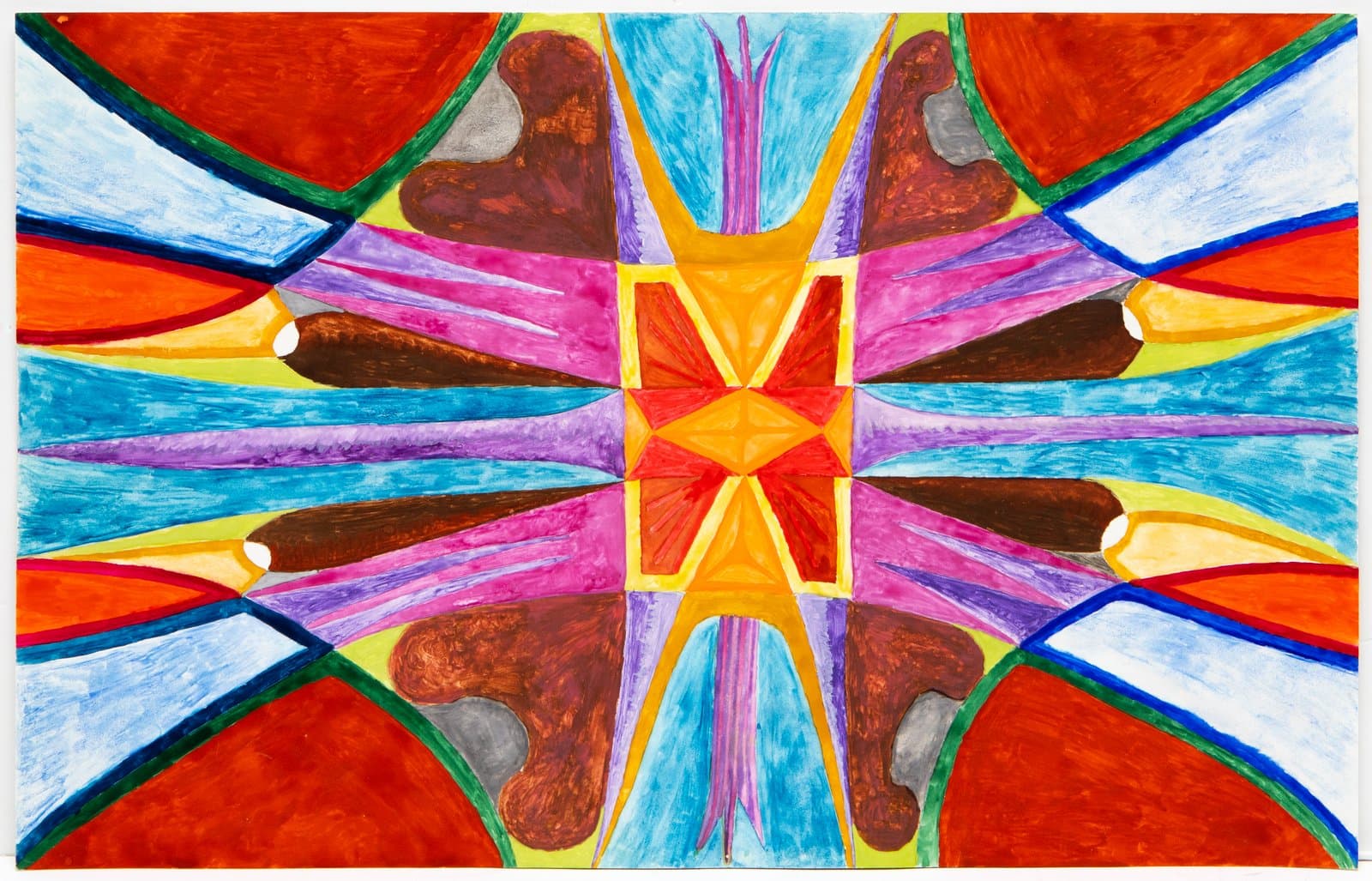 Symmetrical watercolor painting with a radial mandala-like composition in red, orange, pink, blue, and brown.