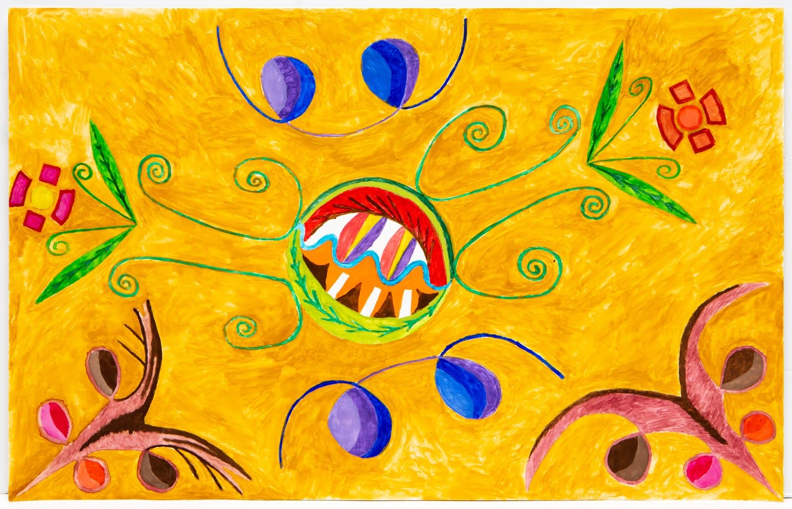 Watercolor on paper with a central circular motif surrounded by green swirling vines, blue and purple orbs, and floral forms on a vivid yellow background.