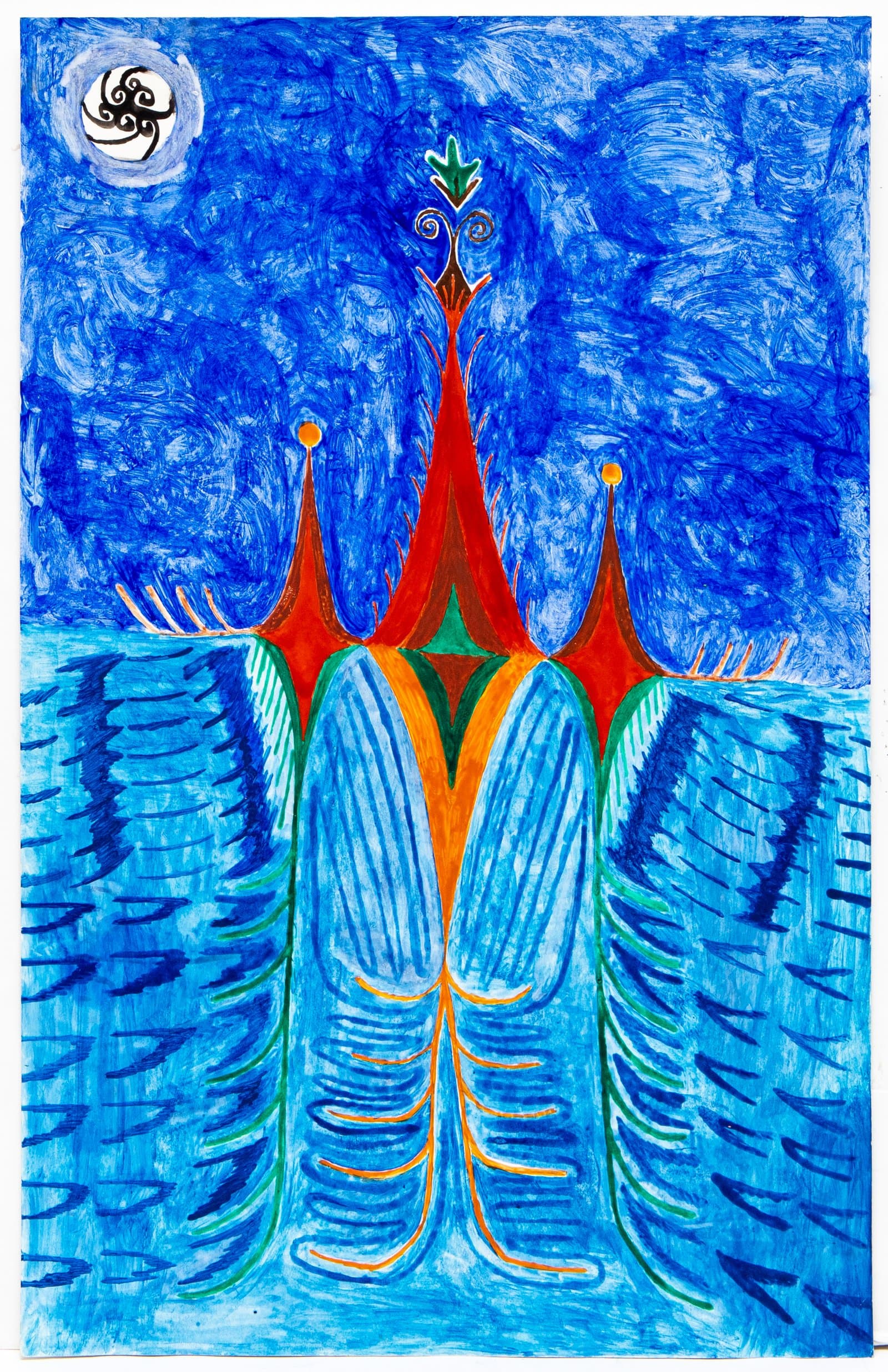Watercolor on paper depicting a symmetrical winged figure in blue, red, orange, and green with a circular moon motif.