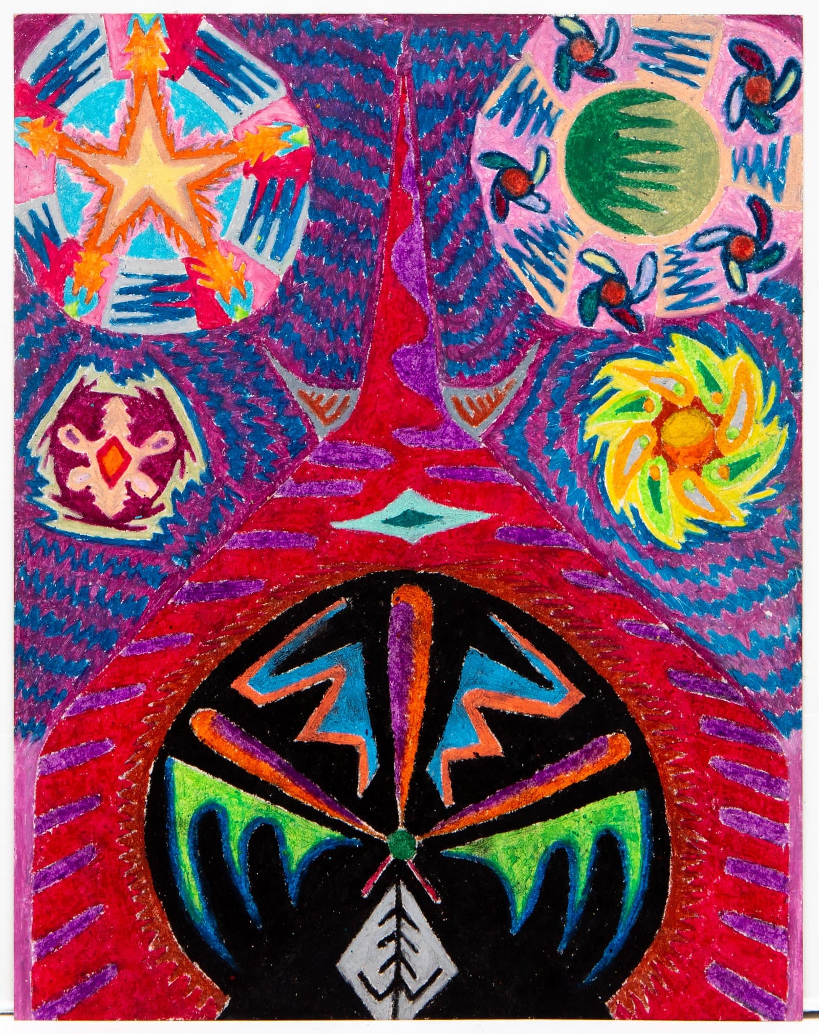 Vibrant pastel drawing featuring a large black mandala-like circle and floating orbs on a densely hatched red and blue background.