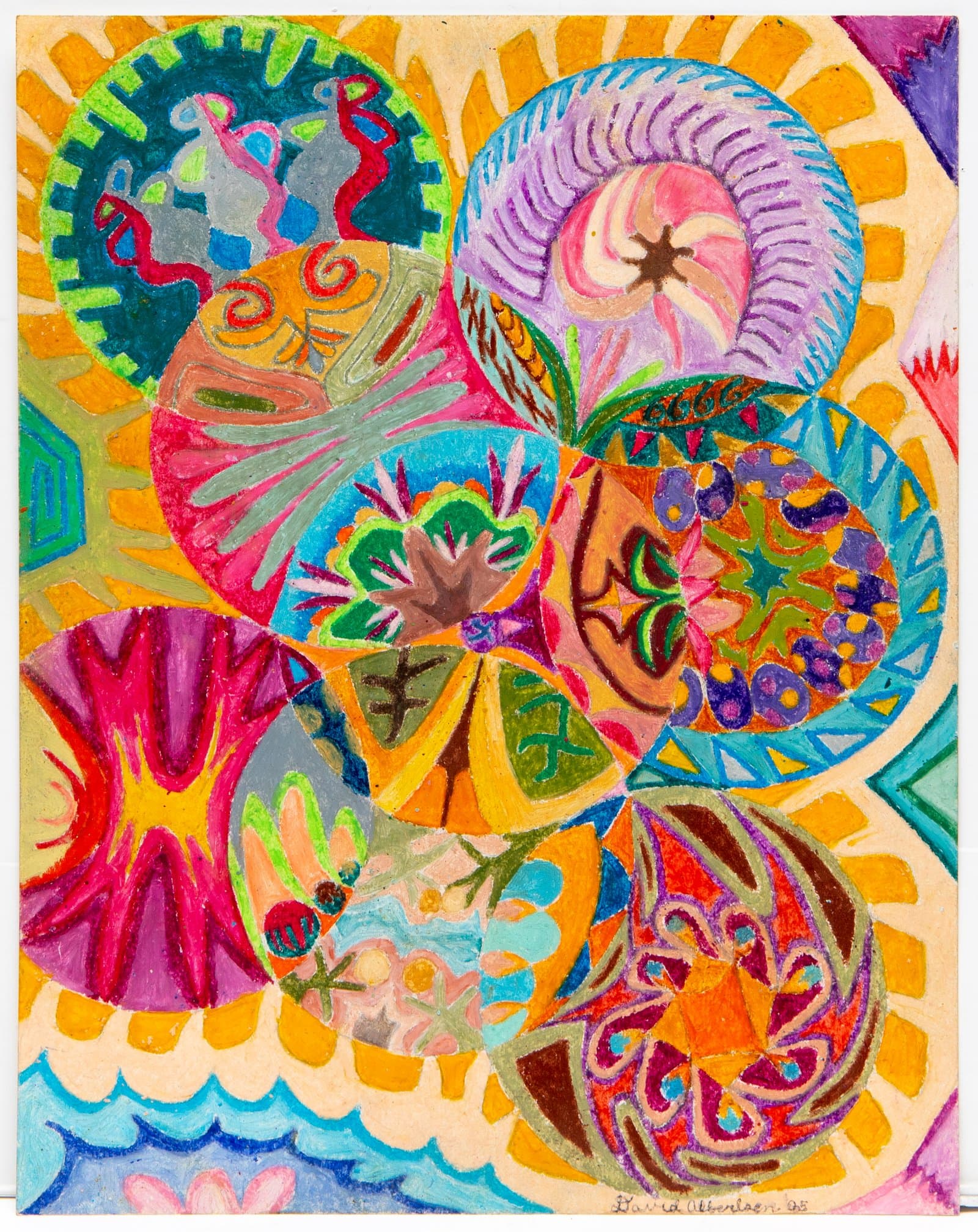 Colorful pastel drawing featuring seven overlapping circles filled with intricate abstract and organic patterns on a warm yellow background.