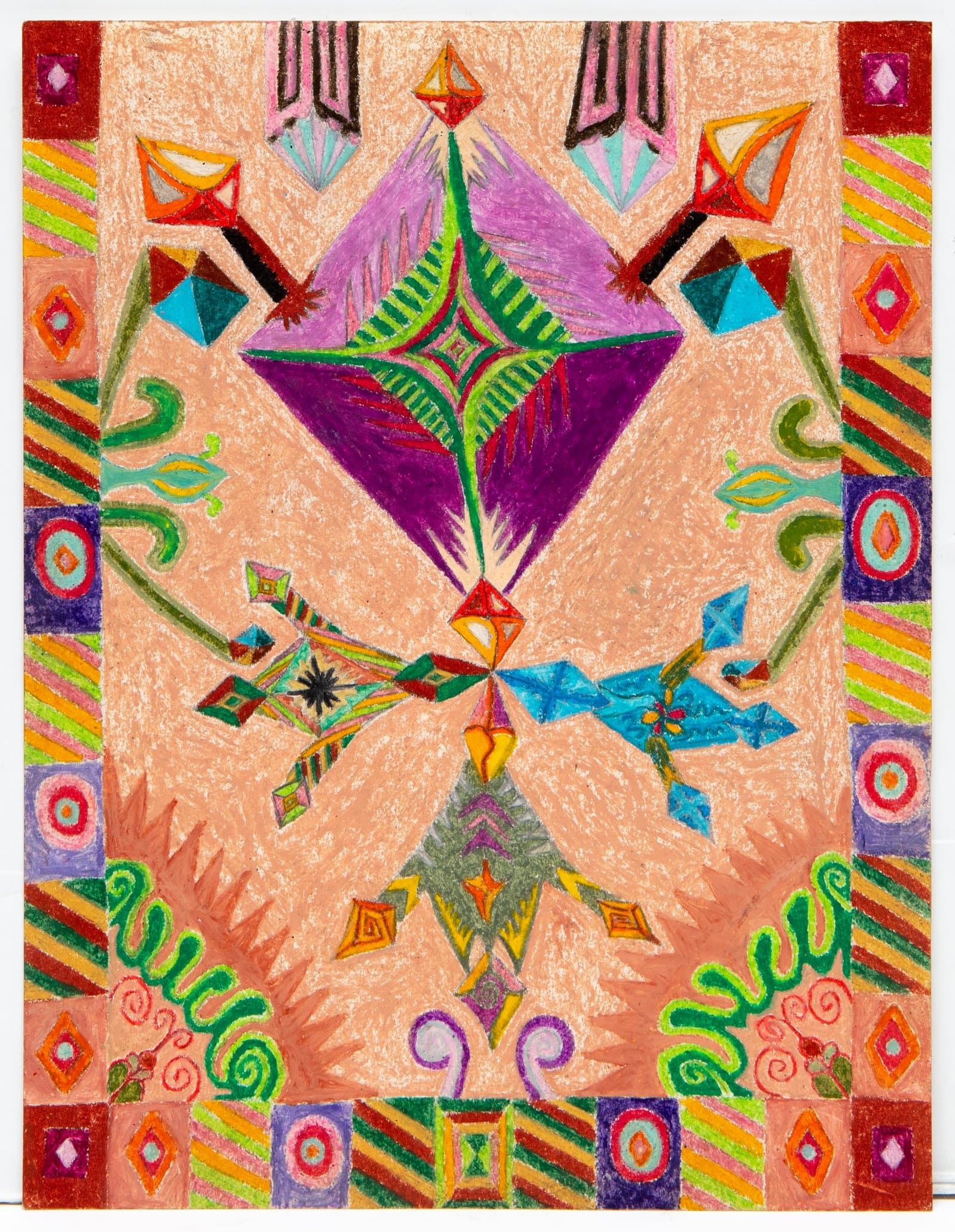 Colorful pastel drawing with symmetrical geometric and organic forms on a peach background, bordered by a patterned frame.