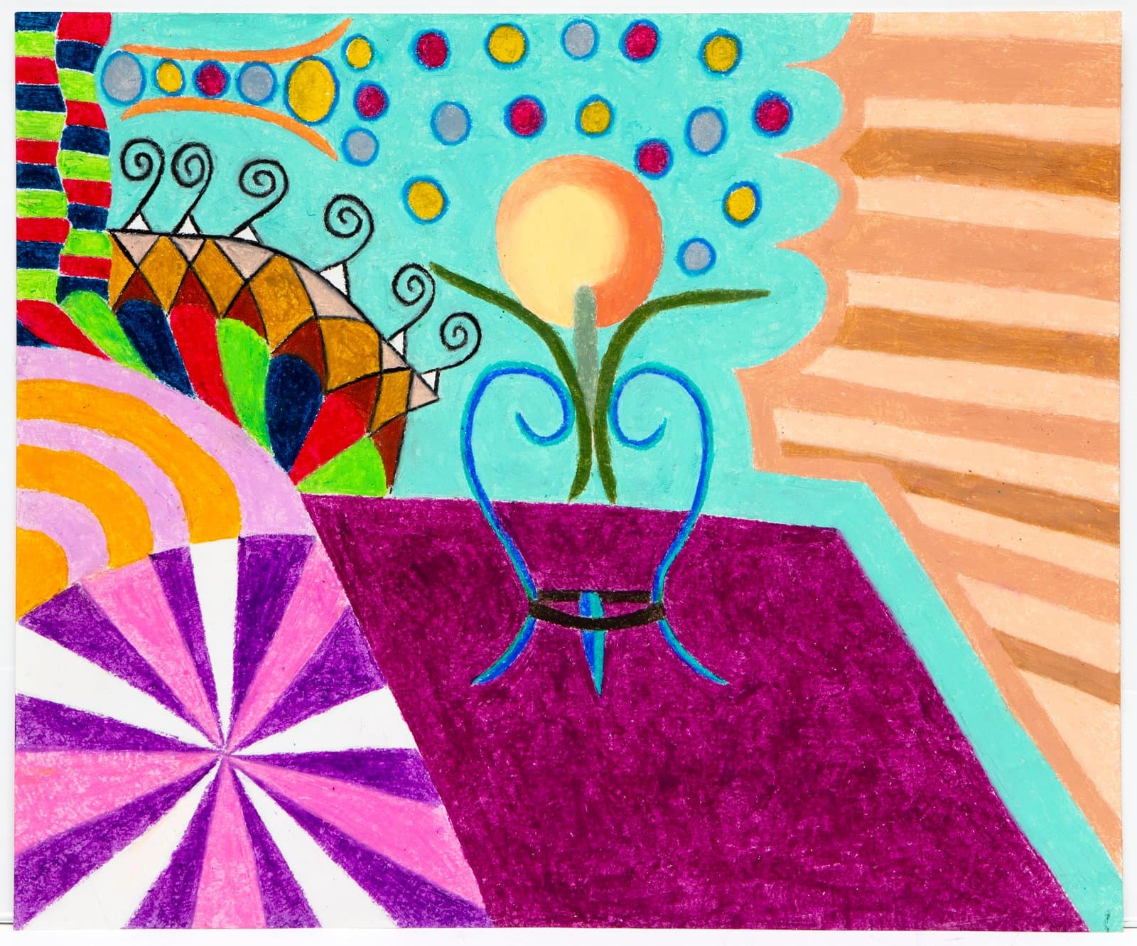 Colorful pastel drawing featuring a decorative table, floating orbs, spiral motifs, and a starburst pattern on paper.