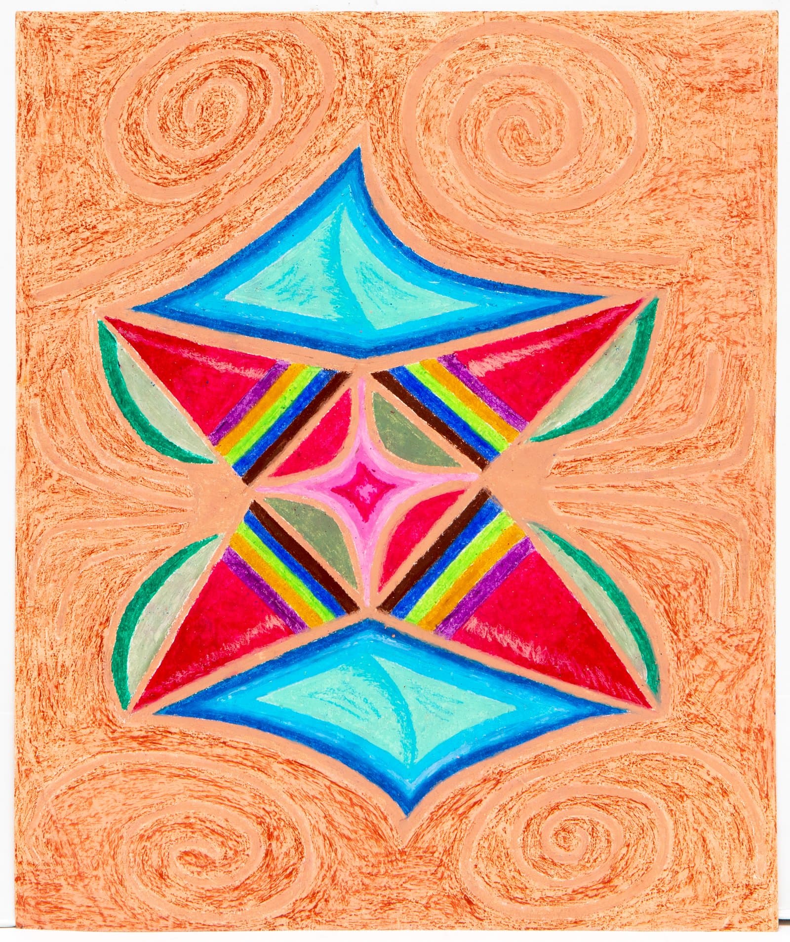 Geometric pastel drawing with a symmetrical star-like mandala in blue, red, and green on an orange swirled background.