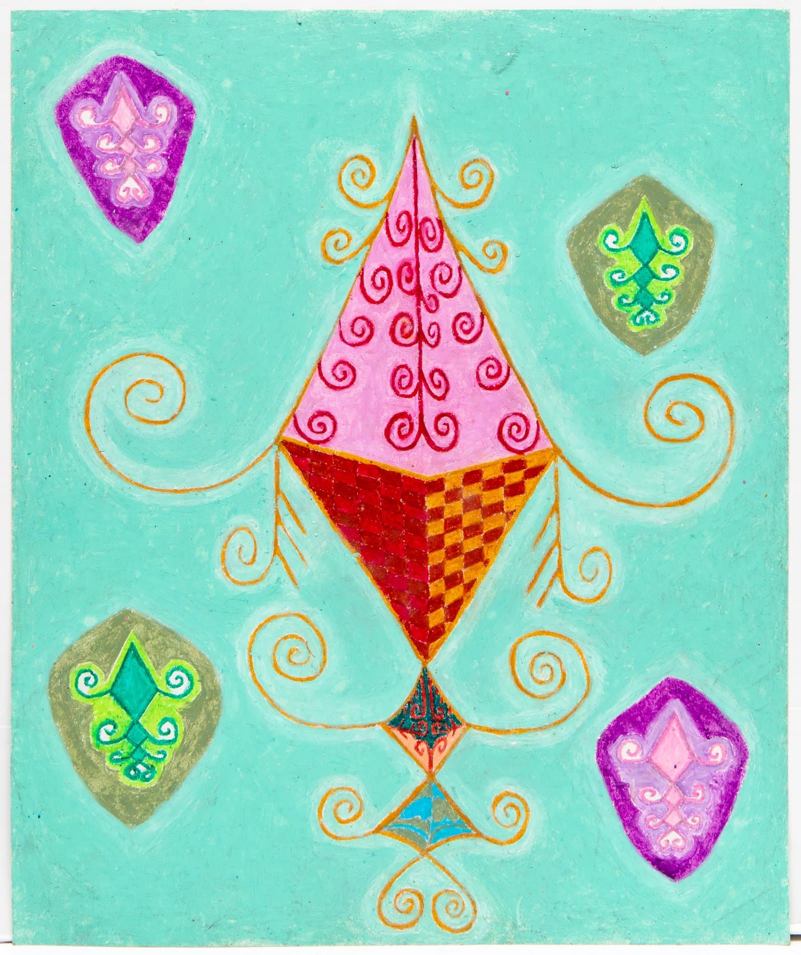 Pastel drawing on turquoise paper featuring a central diamond kite form with four decorative shield motifs in corners.