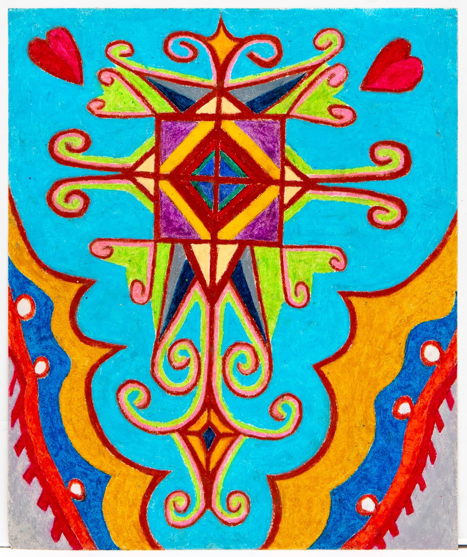 Symmetrical pastel drawing featuring a central cross-like geometric form with scrollwork, hearts, and bold colors on turquoise paper.
