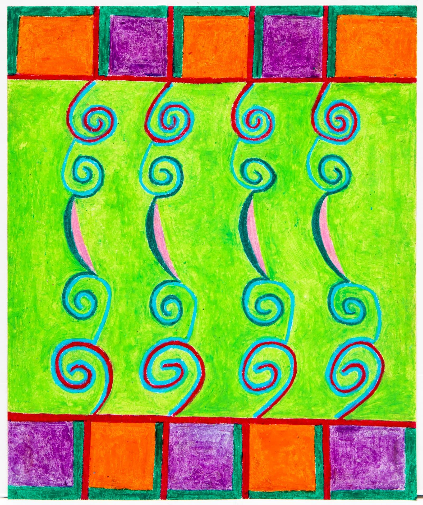Pastel drawing with four vertical spiral forms on bright green background, bordered by alternating orange and purple squares.