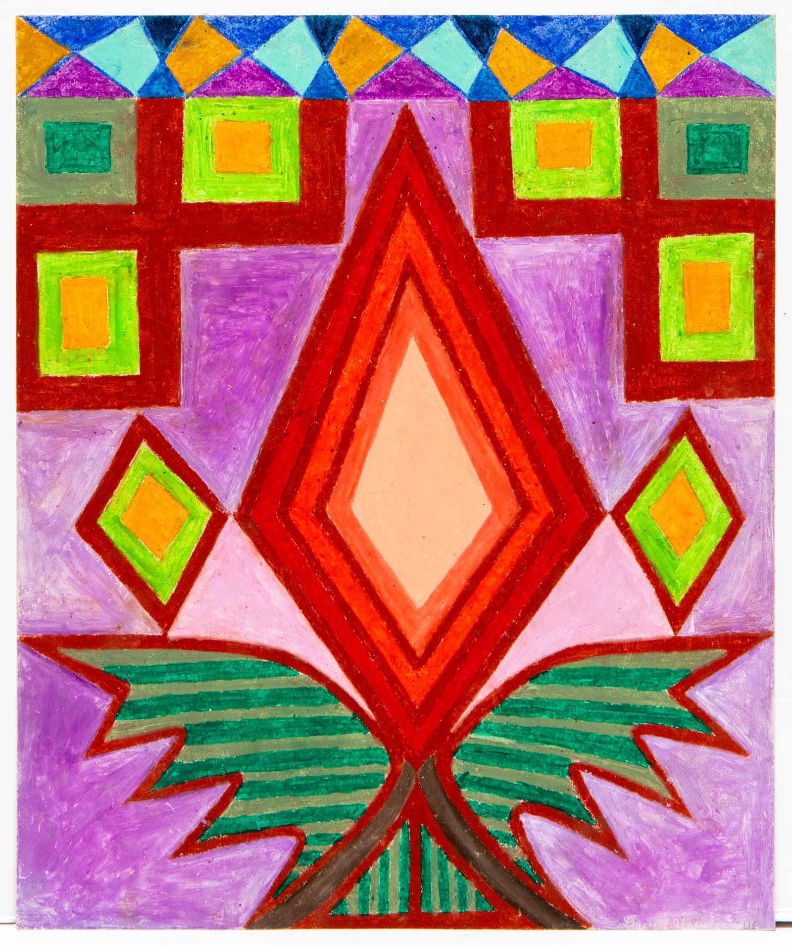 Colorful pastel drawing featuring a large central diamond shape surrounded by nested squares and geometric patterns on purple background.