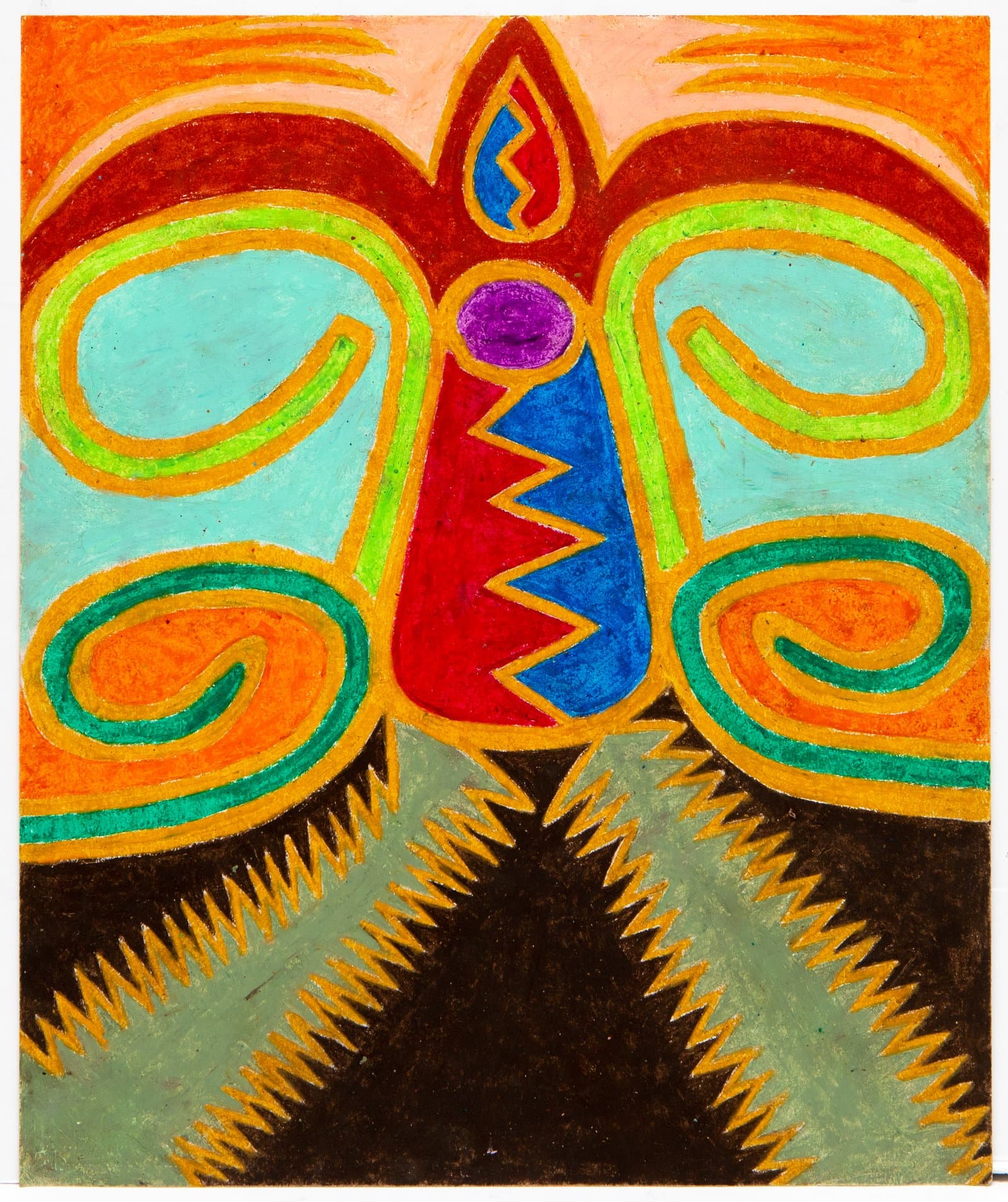 Pastel drawing of a symmetrical butterfly-like figure with bold spirals, zigzag patterns in red, blue, orange, and green.