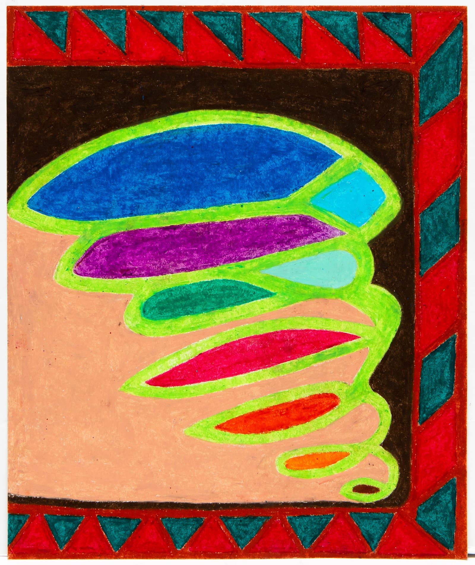 Abstract pastel drawing with a neon green spiral form enclosing colorful oval shapes on a peach ground, framed by a red and teal triangle border.