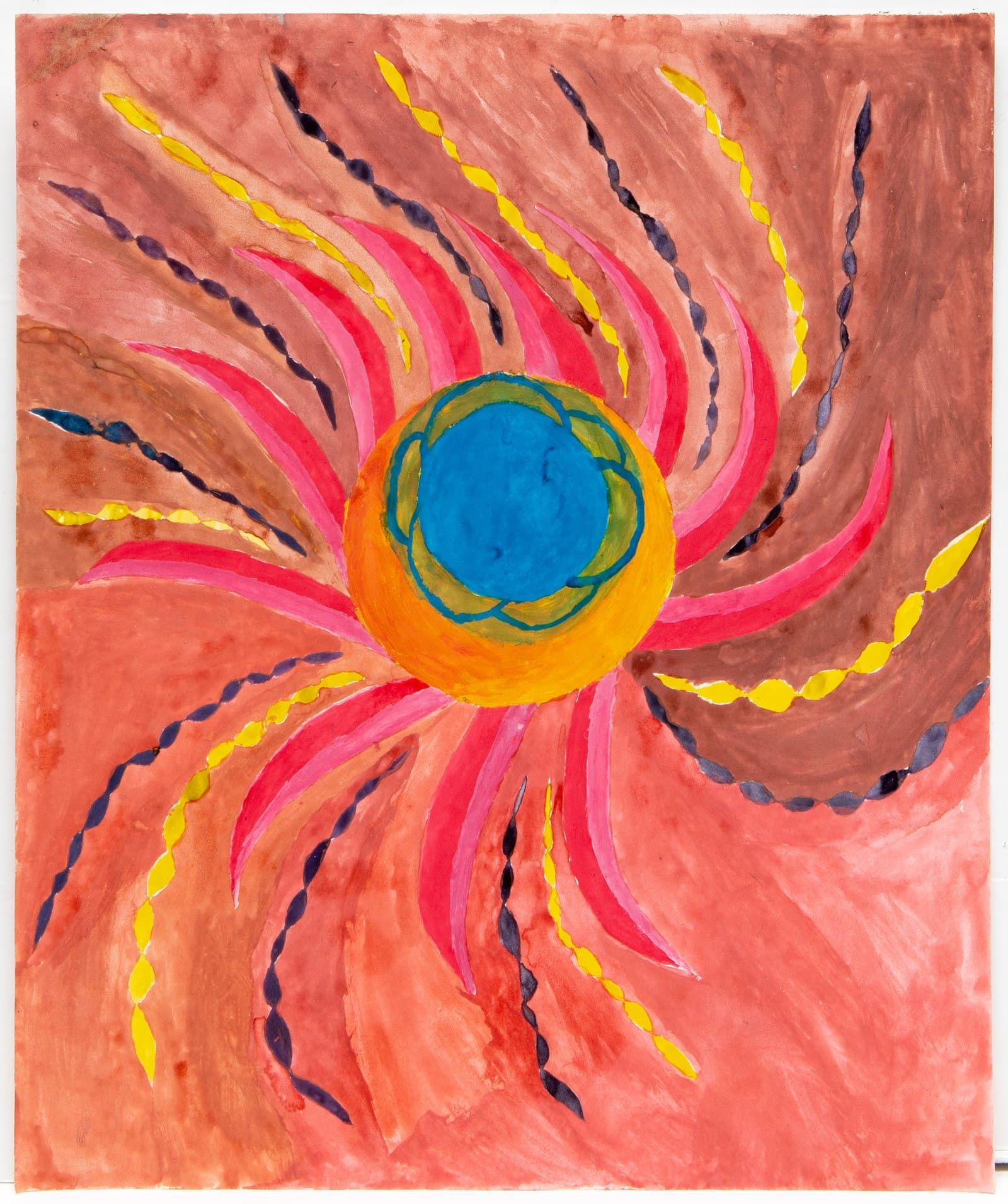 Watercolor painting of a radiant sun-like form with a blue center, orange ring, and pink rays on a warm coral background.