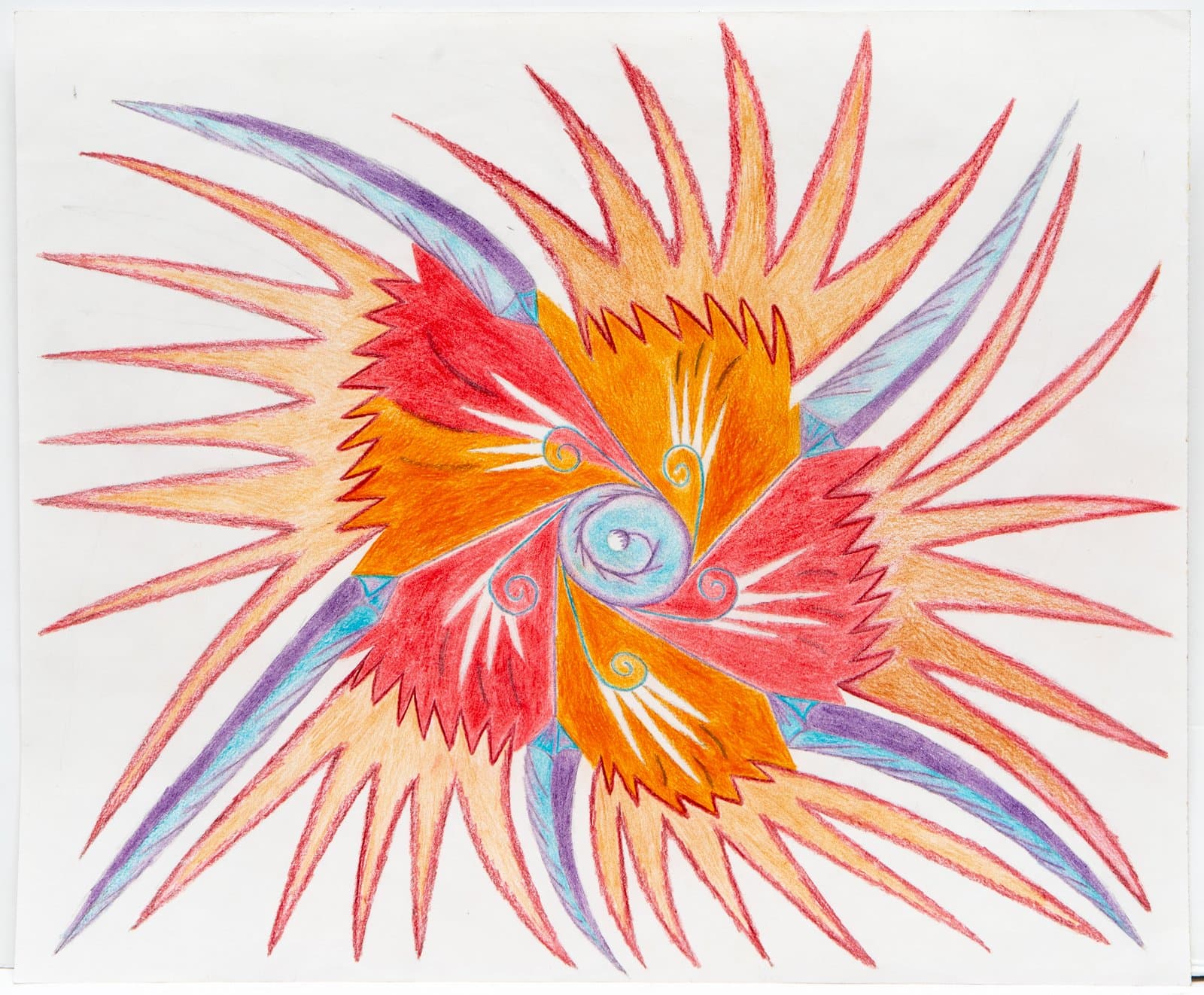 Colored pencil drawing of a radial burst form with spiraling petals and spikes in orange, red, and purple on white paper.