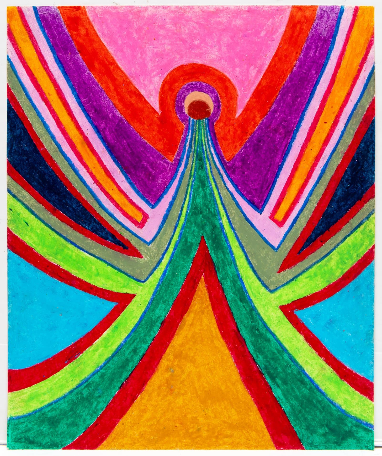 Abstract pastel drawing with symmetrical radiating bands of vivid color converging on a central circle, on white paper.