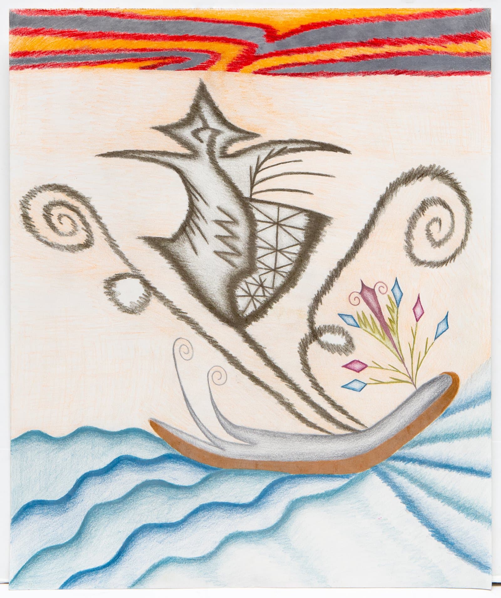 Colored pencil drawing of an abstract boat on blue waves with swirling forms, a star shape, and small floral motifs.