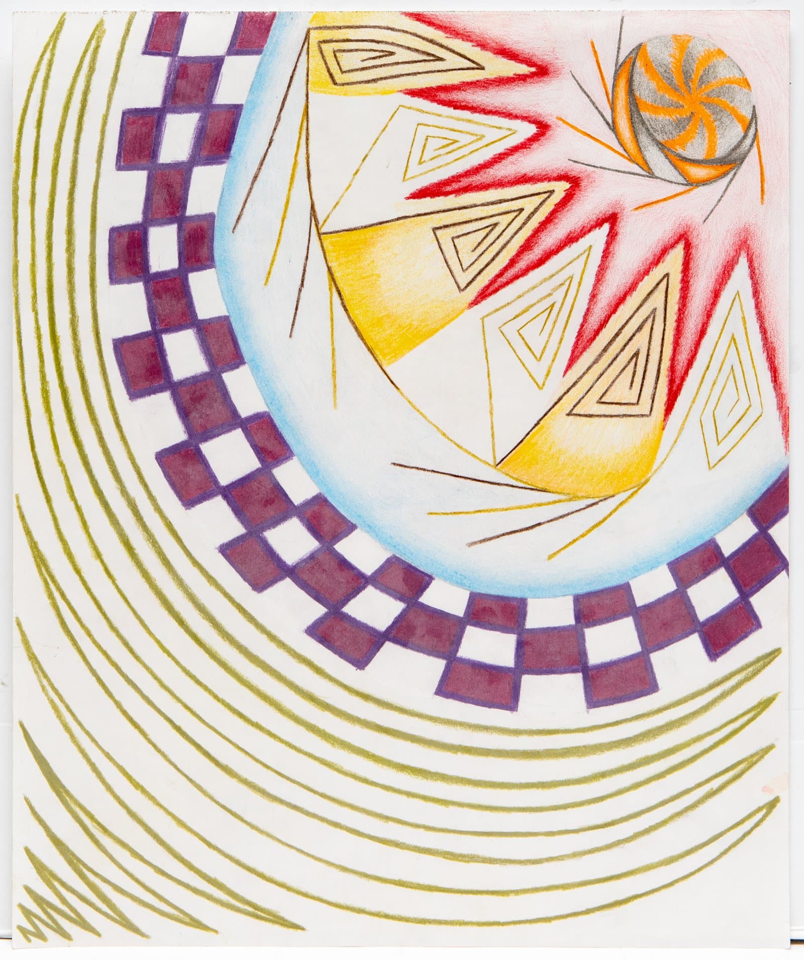 Abstract colored pencil drawing with concentric arcs, a checkerboard curve, nested triangles, and a pinwheel circle on white paper.