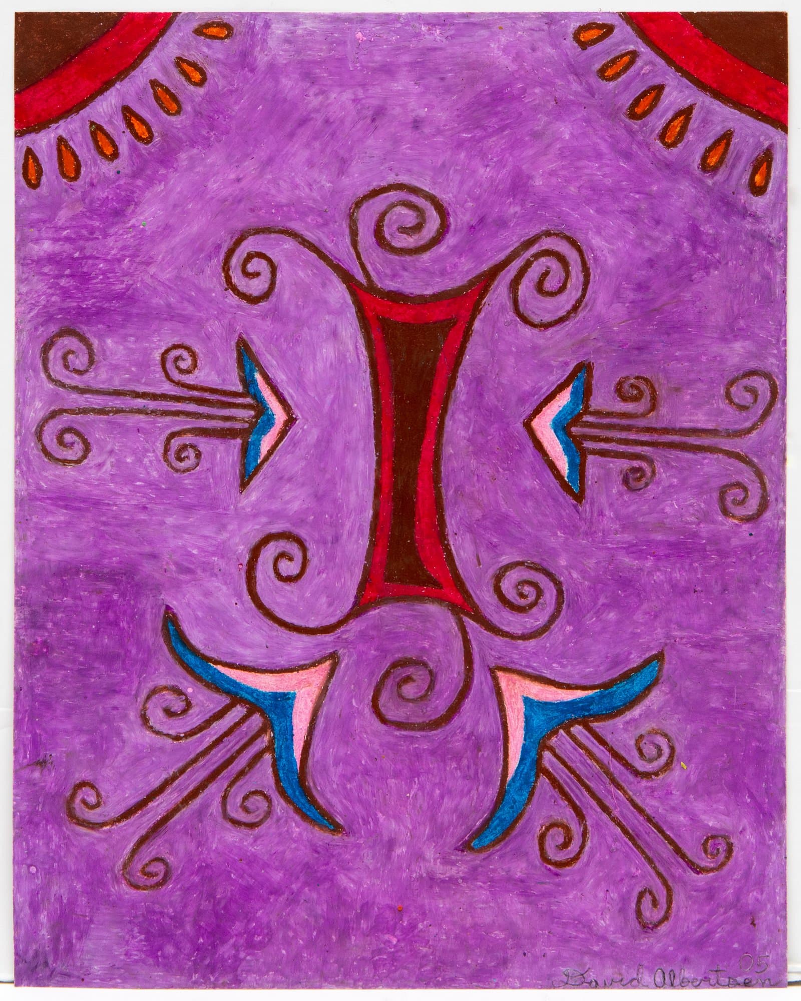 Pastel drawing on purple background with a central red hourglass form, spiral motifs, and blue-and-pink arrow shapes.