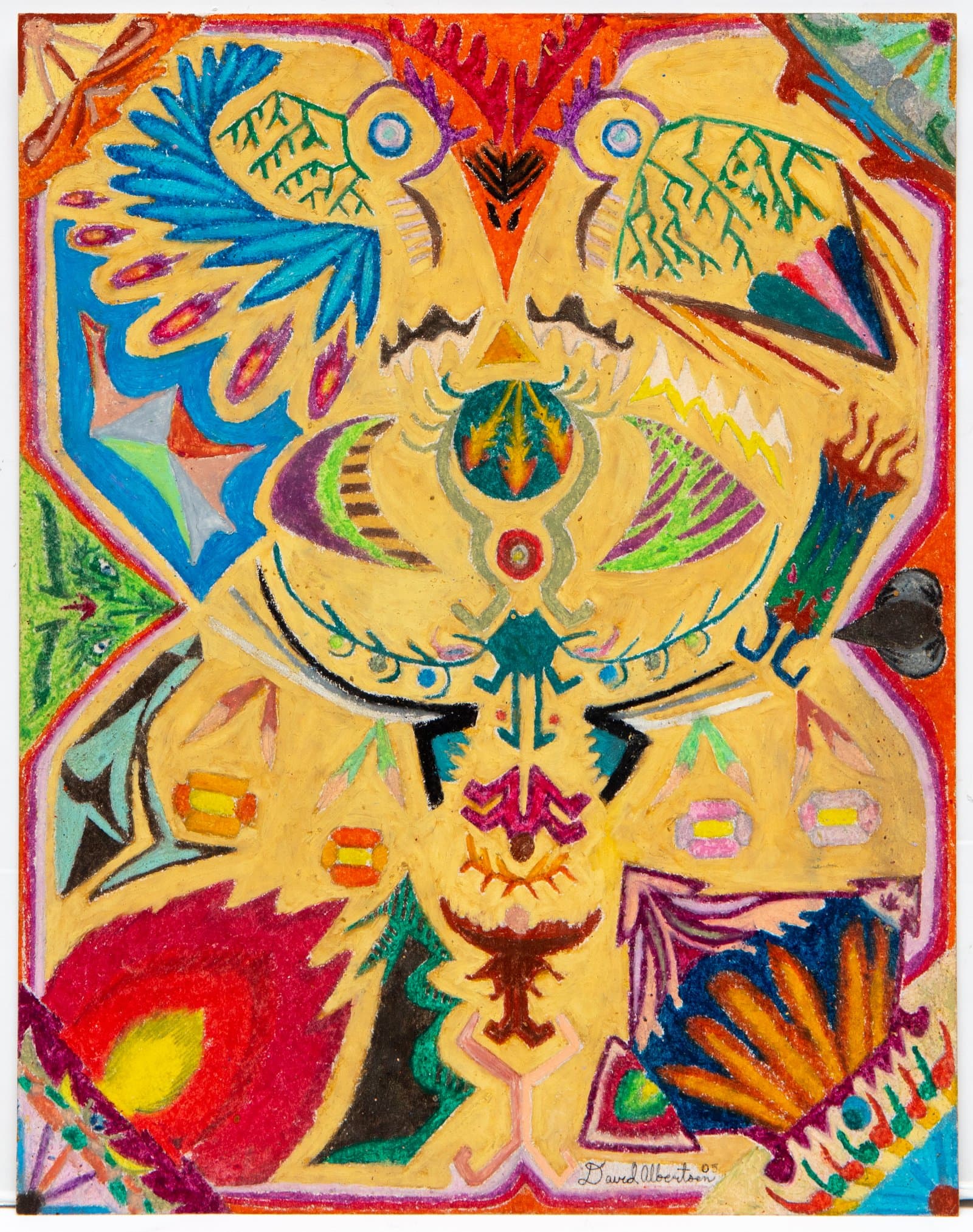Vibrant pastel drawing featuring a symmetrical, mask-like central figure with bird and eye motifs on yellow ground.
