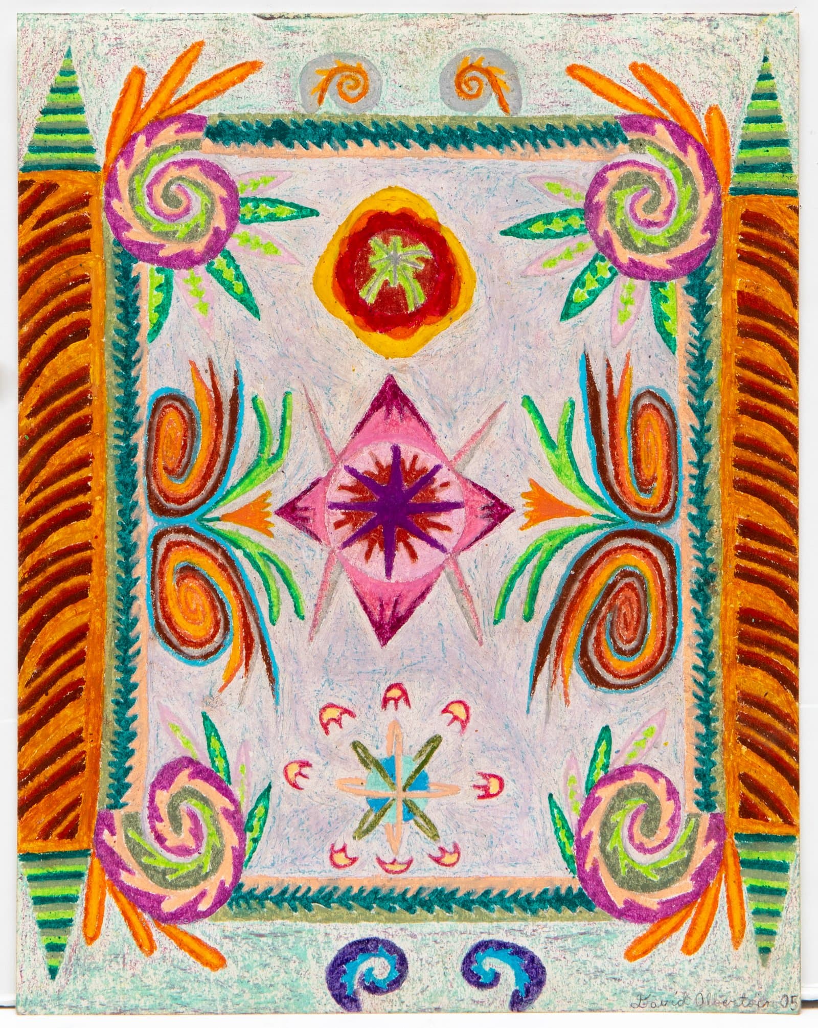 Colorful symmetrical drawing in colored pencil featuring spirals, stars, and floral motifs arranged in a decorative border pattern.