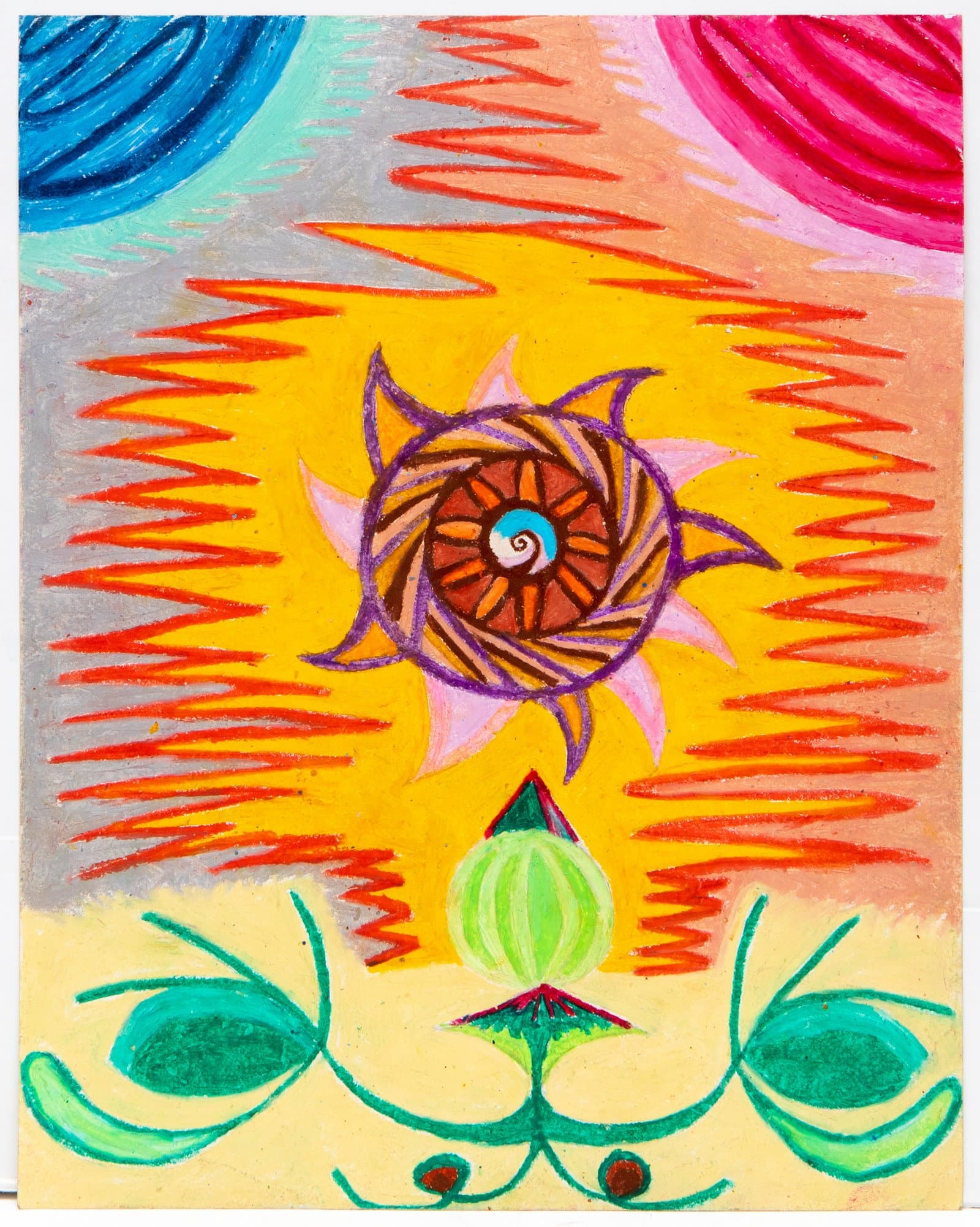 Colorful pastel drawing featuring a central spiral sun motif above a green bud, with zigzag red lines on a yellow-orange background.