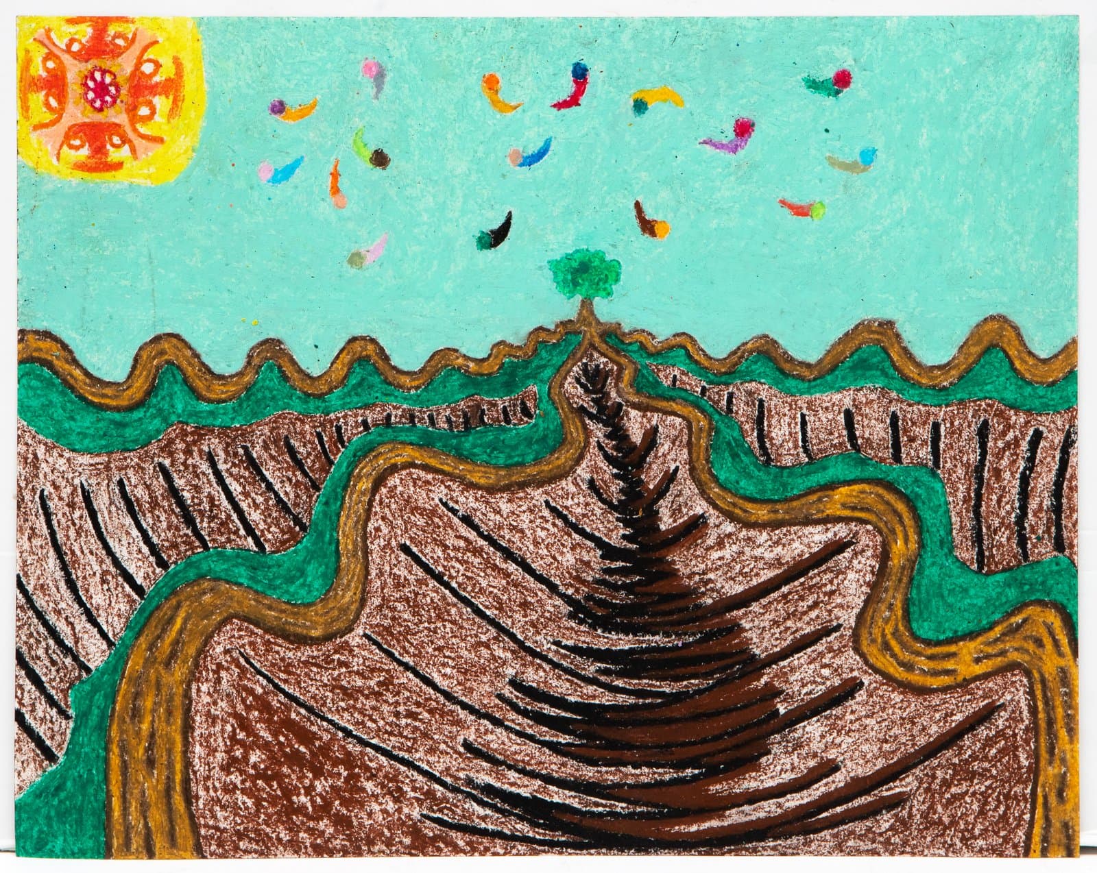 Pastel drawing of a landscape with wavy brown terrain, a central tree, teal sky, and colorful floating forms against a yellow sun.