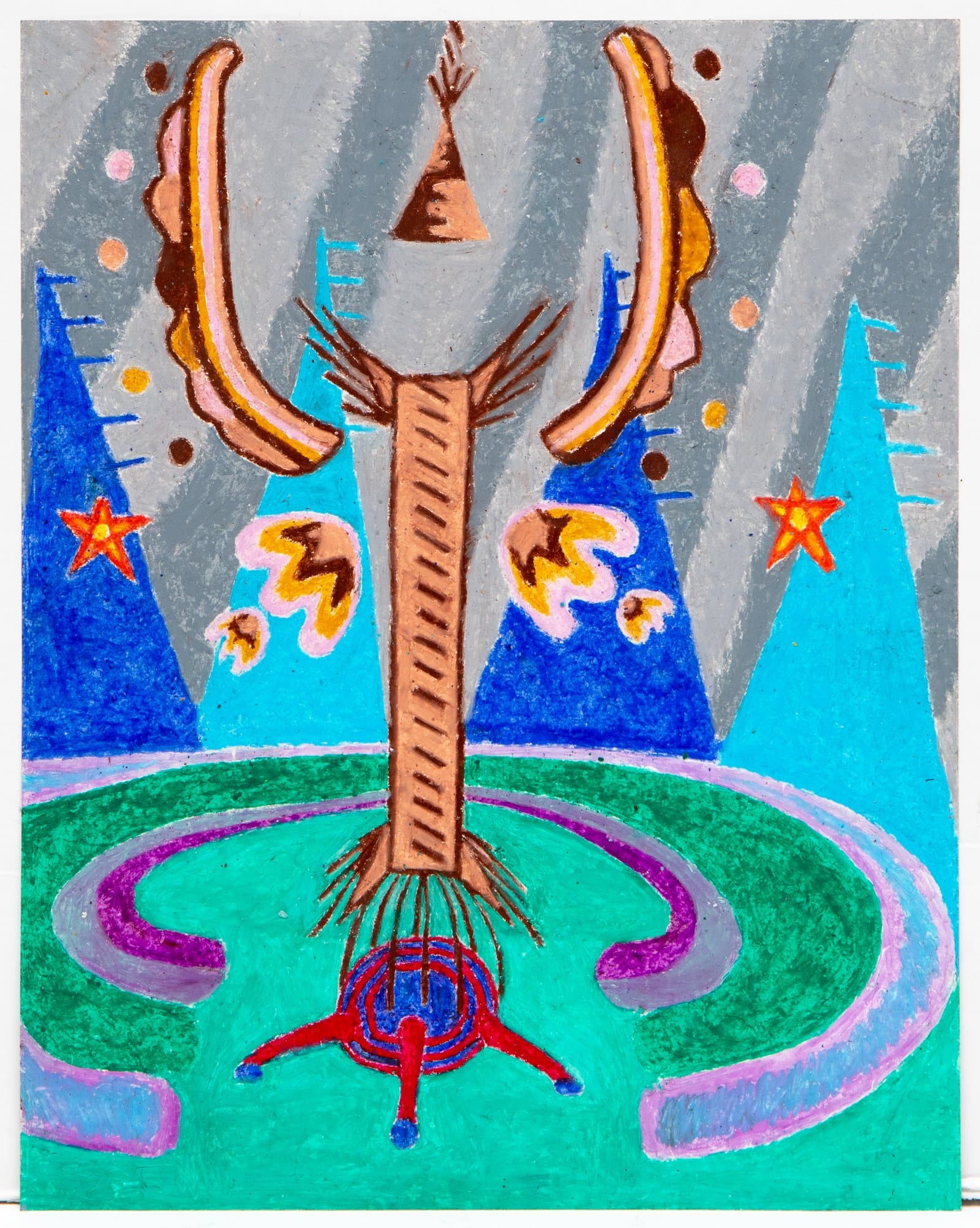 Pastel drawing of a tall symmetrical totem-like figure with curved arms, set against blue triangular forms on a gray background.