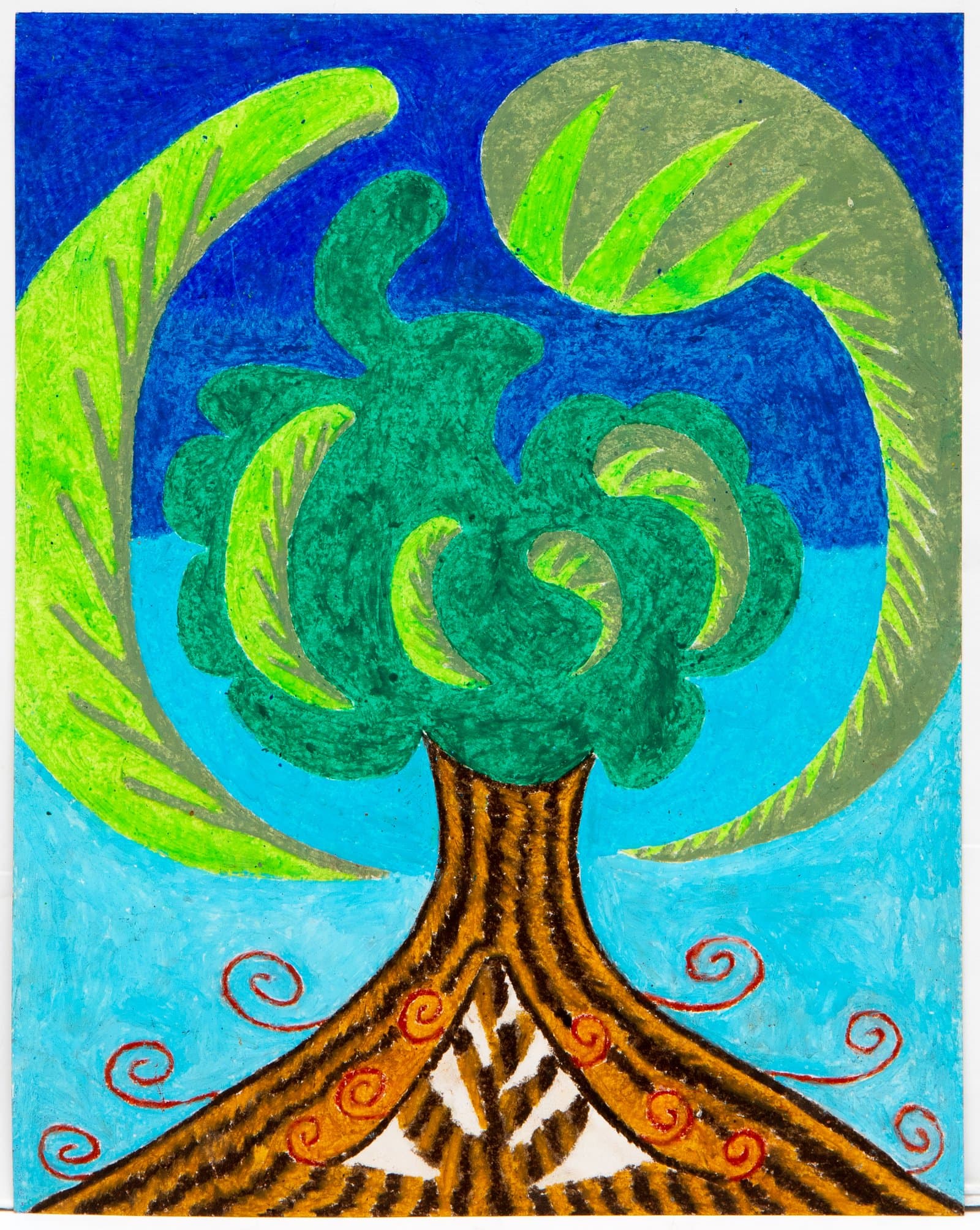 Pastel drawing of a stylized tree with dark green swirling canopy, brown striped trunk, and large curved leaves on blue background.