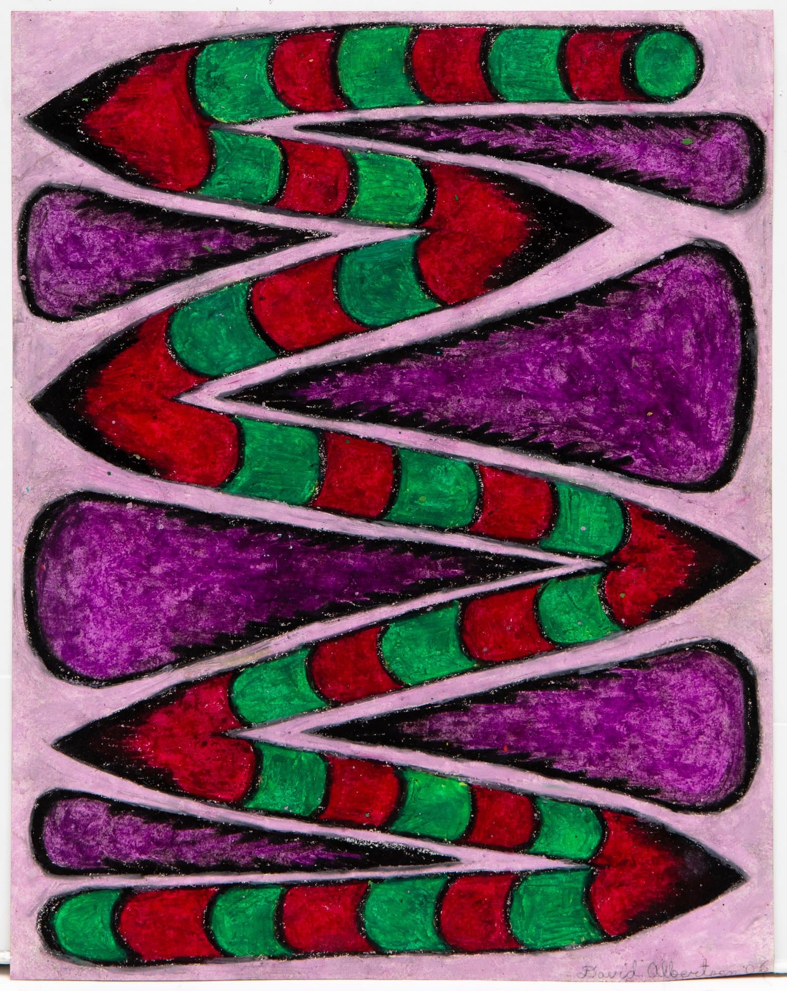 Pastel drawing with zigzagging horizontal bands of alternating red-green segments and solid purple forms on lavender paper.