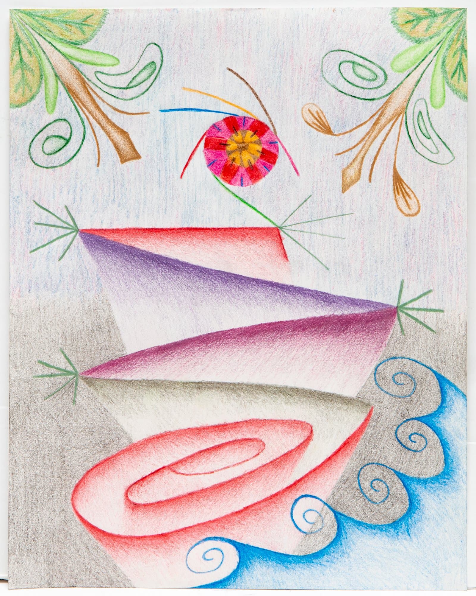 Colored pencil drawing with geometric purple and red forms, a pink spiral, blue waves, and floral motifs on light paper.