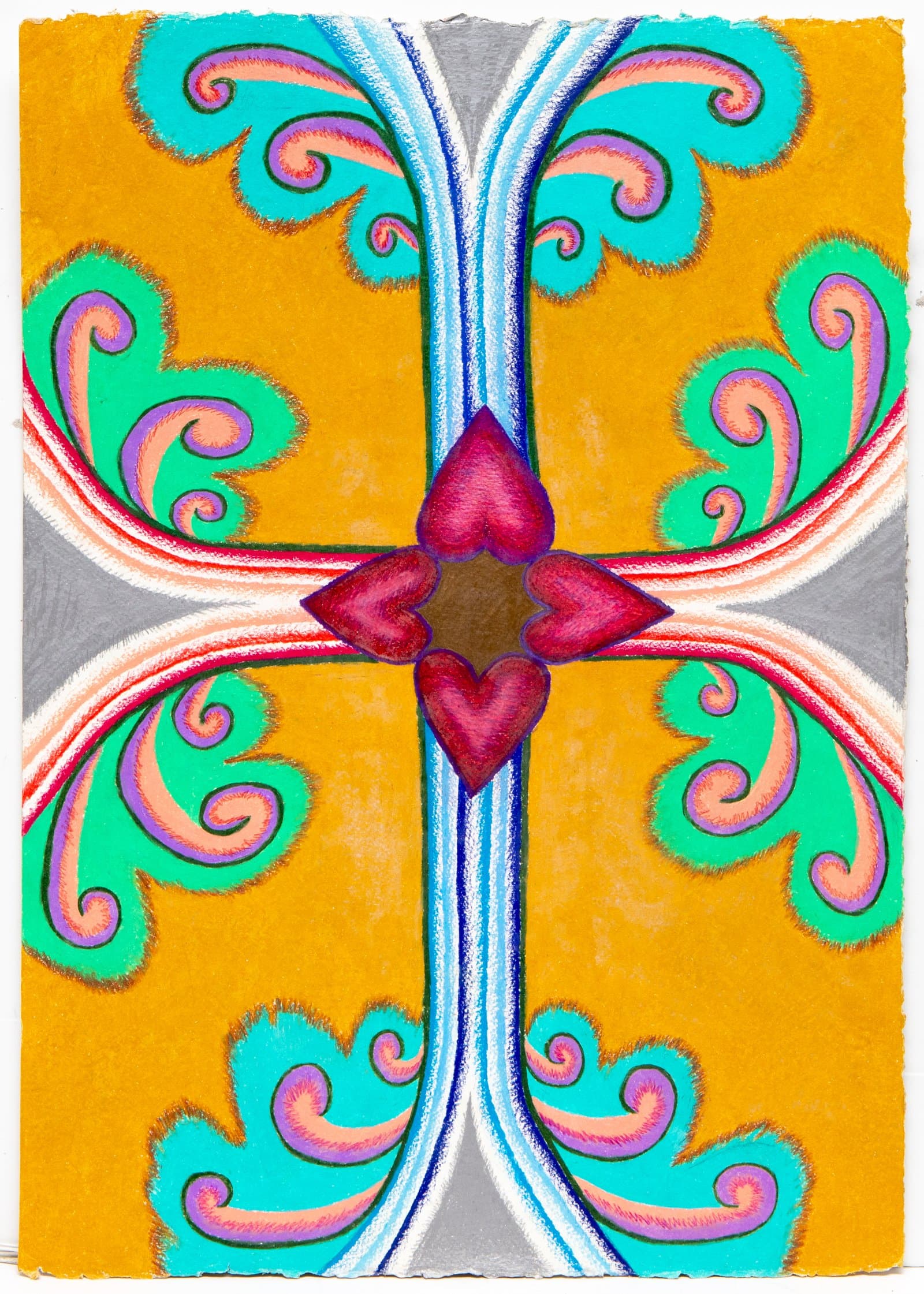 Symmetrical decorative drawing in pastel and colored pencil featuring scrolling forms in teal, green, and purple on a golden-orange ground.