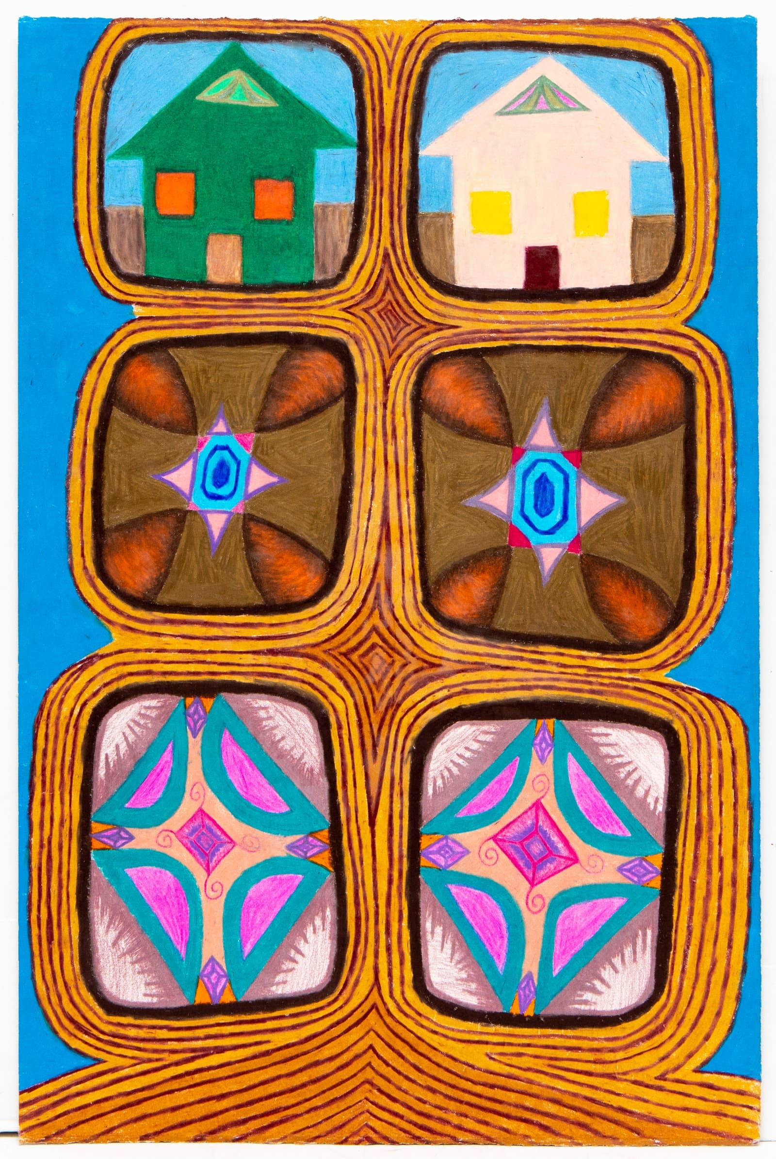 Pastel and colored pencil drawing with six rounded squares in orange wood-grain frames on blue, containing houses and geometric patterns.