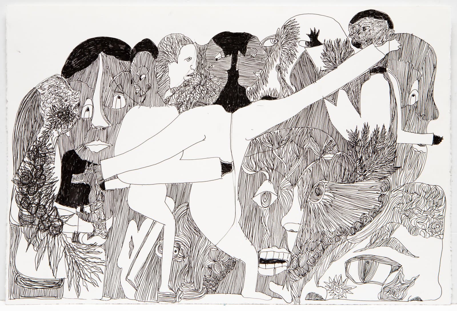 Dense black ink drawing on white paper depicting a crowd of human and fantastical figures with intricate cross-hatching.