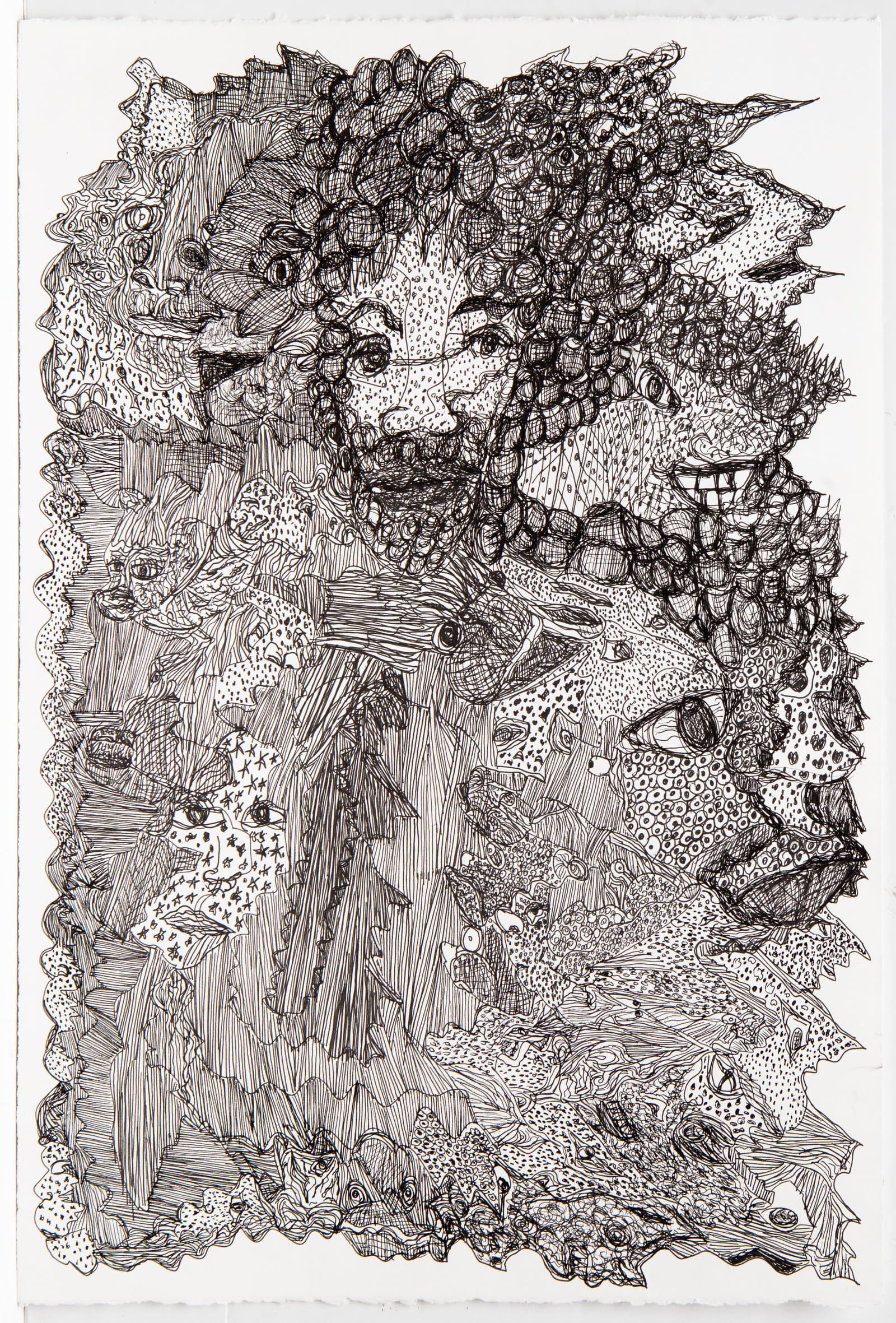 Dense black ink drawing on white paper filled edge-to-edge with interlocking animal and human faces, eyes, and organic textures.