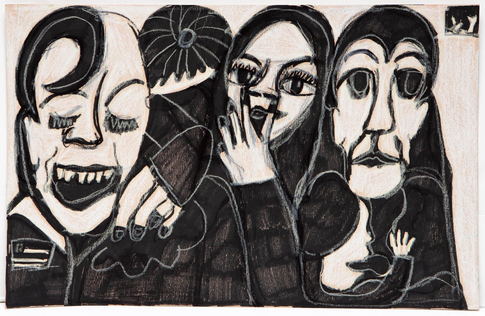 Ink and colored pencil drawing of four stylized figures with exaggerated facial features in black, white, and gray.