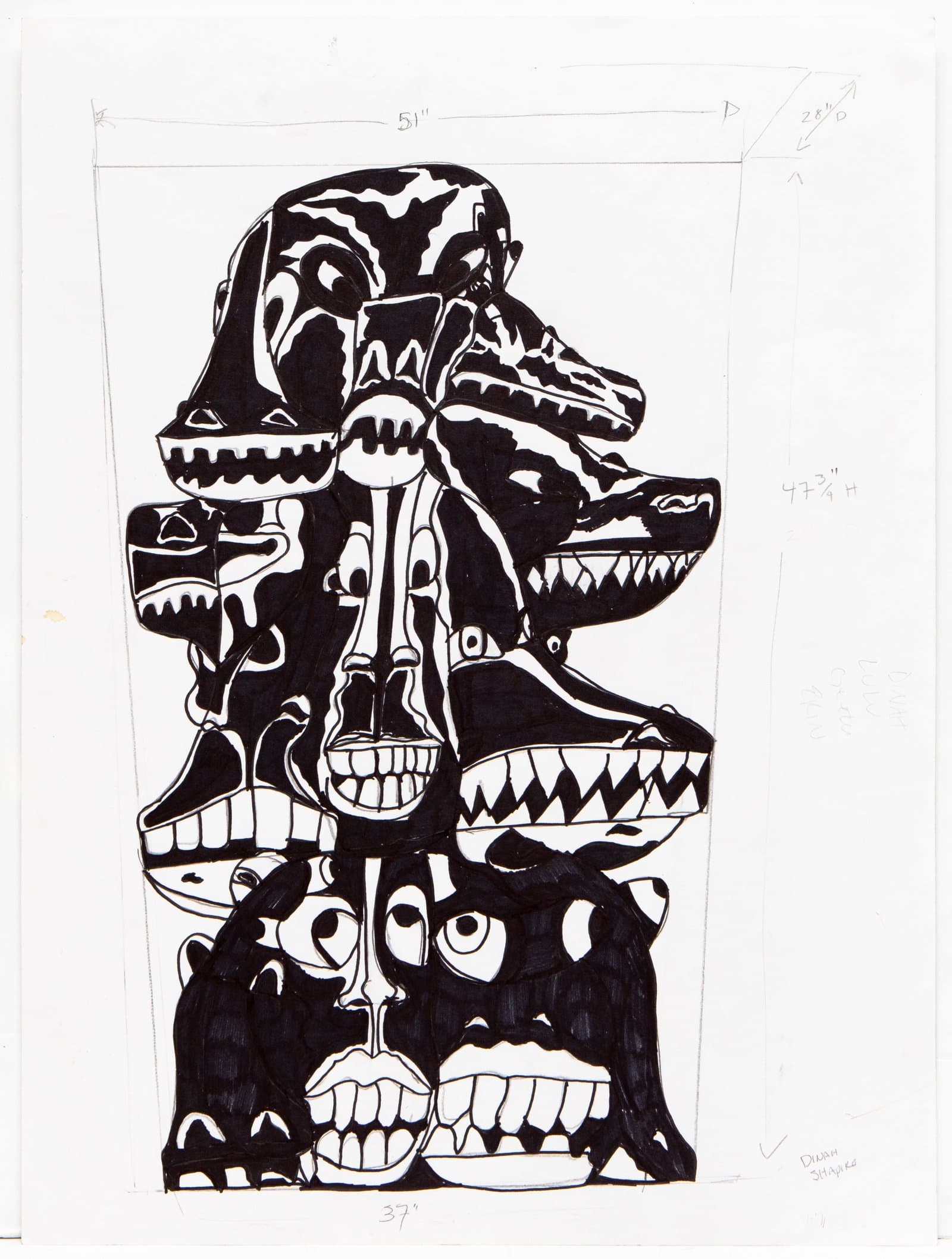 Black and white ink drawing of stacked animal and mask-like faces with open mouths and jagged teeth on white paper.