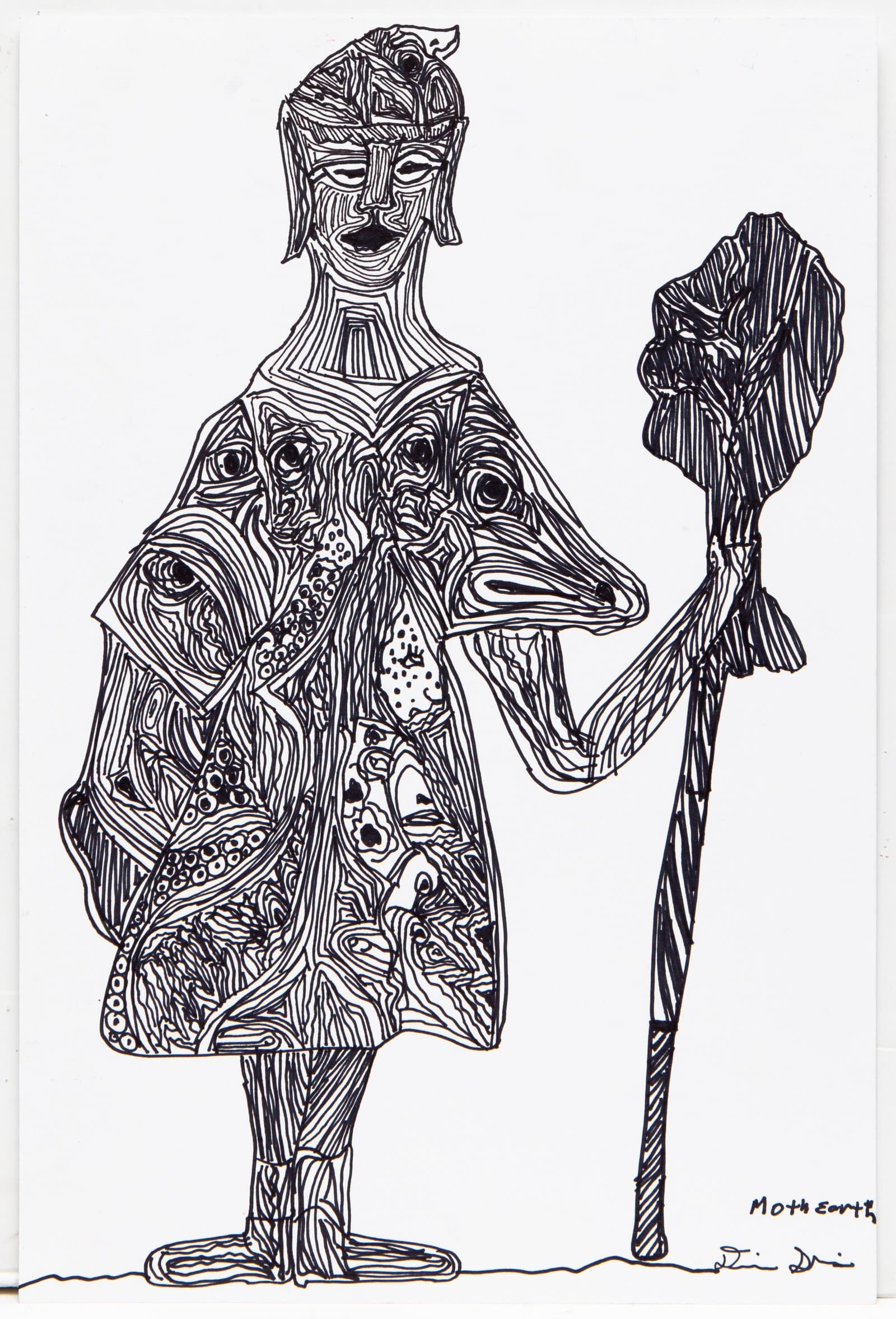 Black ink drawing of a standing humanoid figure with animal and face motifs covering its body, holding a staff on white paper.