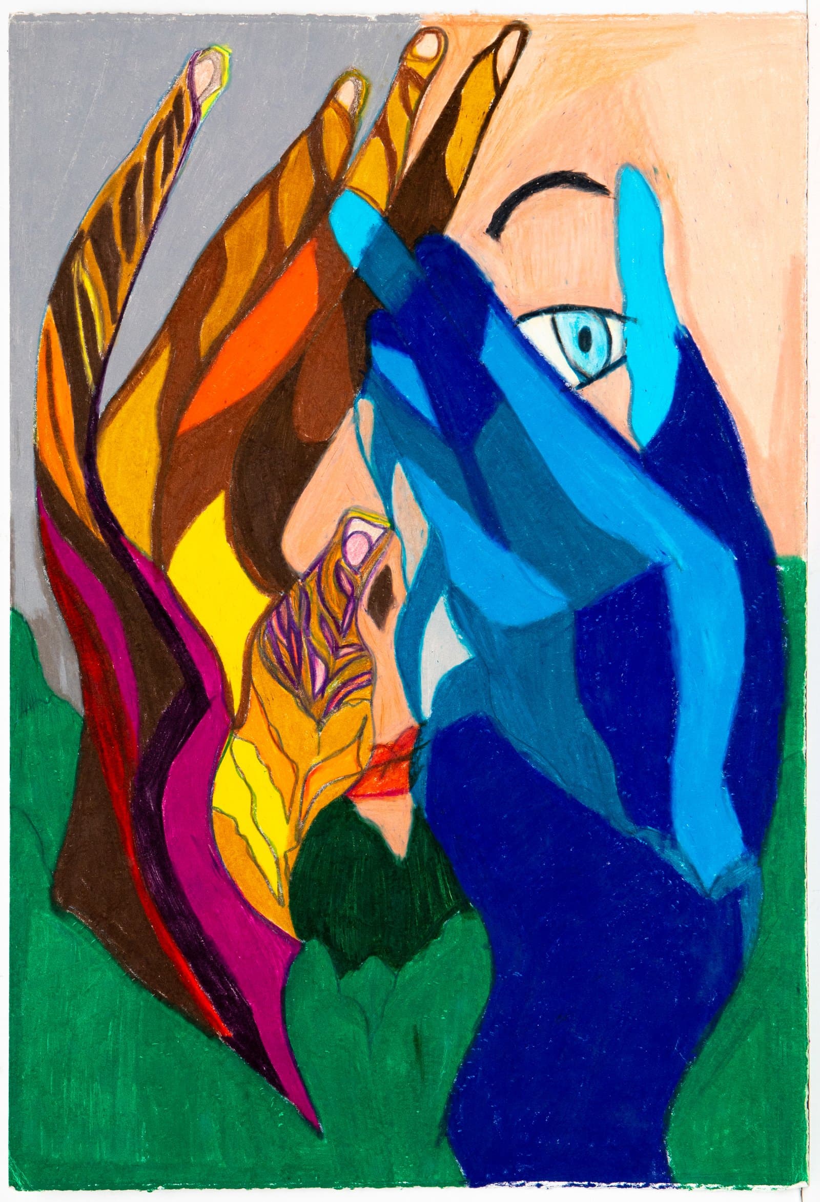 Figurative pastel drawing of a fragmented face with raised hands in bold blue, orange, yellow, magenta, and green.